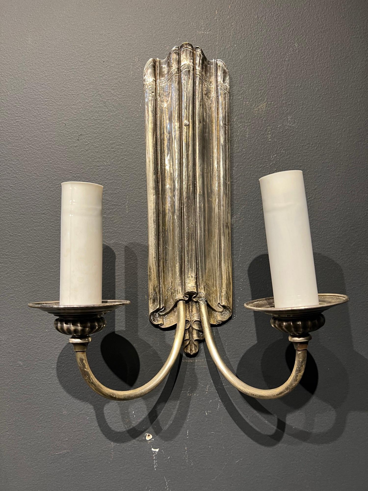 American Classical Pair of Silver Plated Caldwell Sconces, Circa 1920s