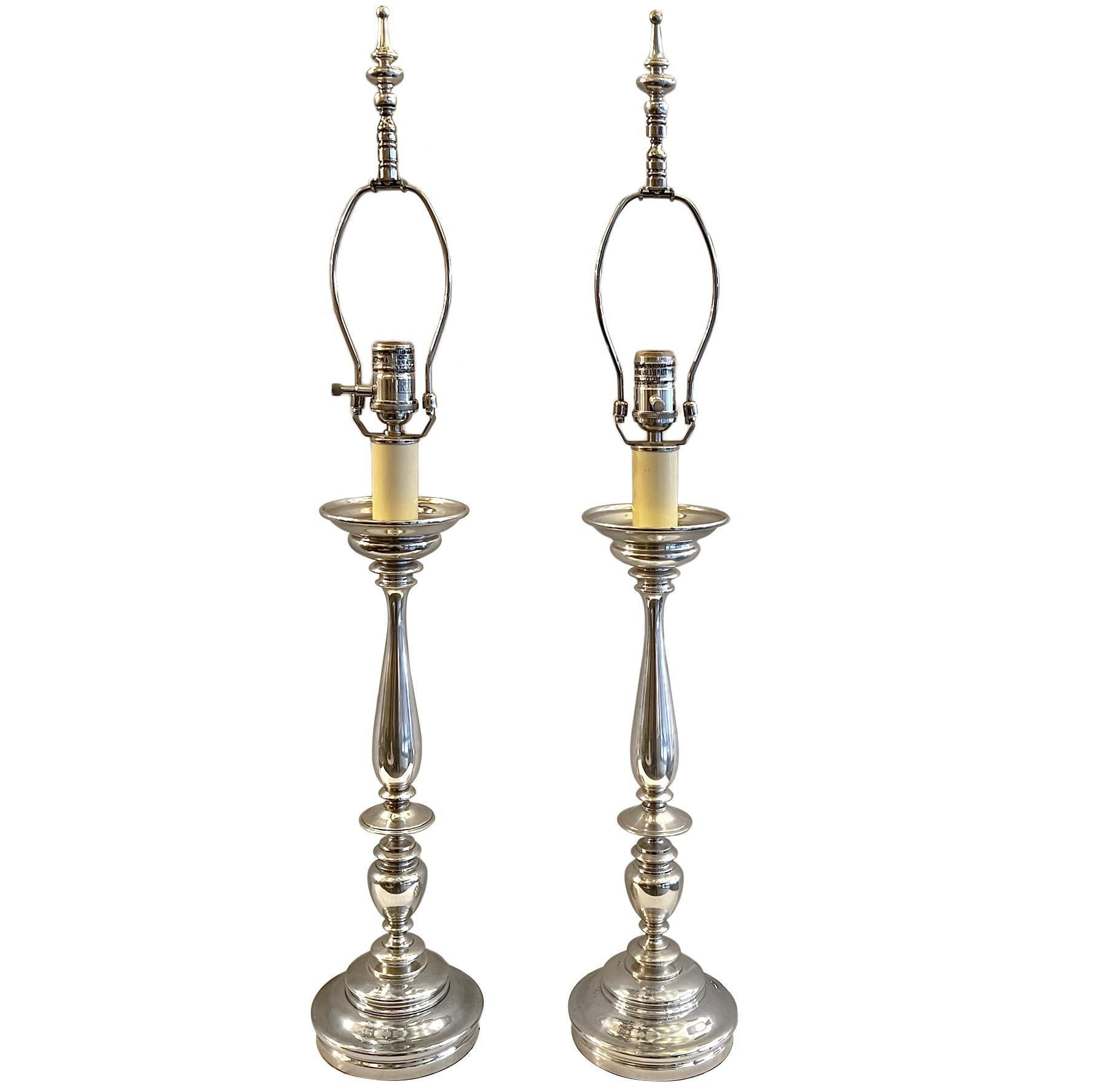 English Pair of Silver Plated Candlestick Lamps For Sale