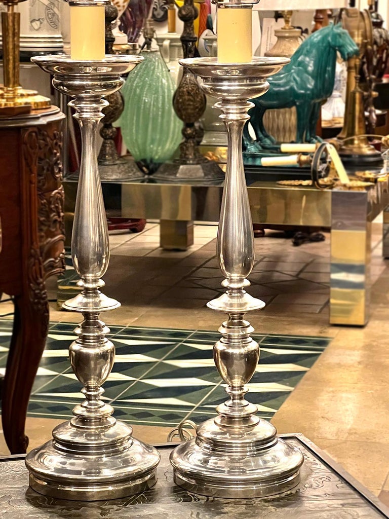 Pair of Silver Plated Candlestick Lamps For Sale at 1stDibs