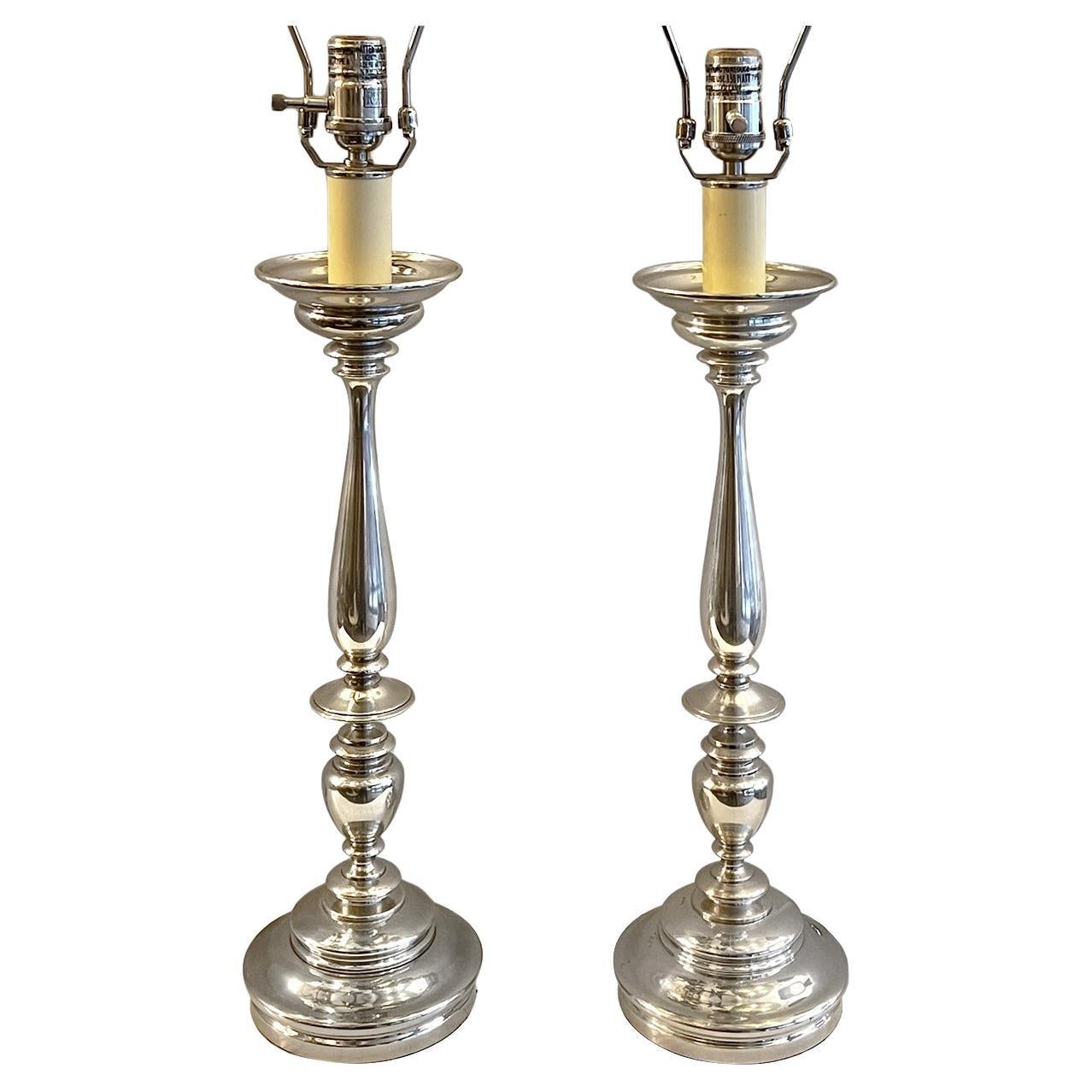 Pair of Silver Plated Candlestick Lamps For Sale