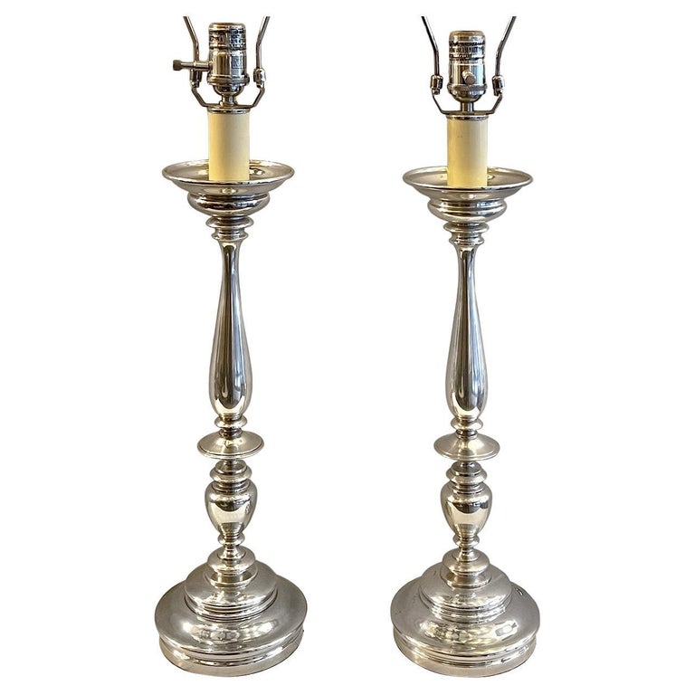 Pair of Silver Plated Candlestick Lamps For Sale at 1stDibs