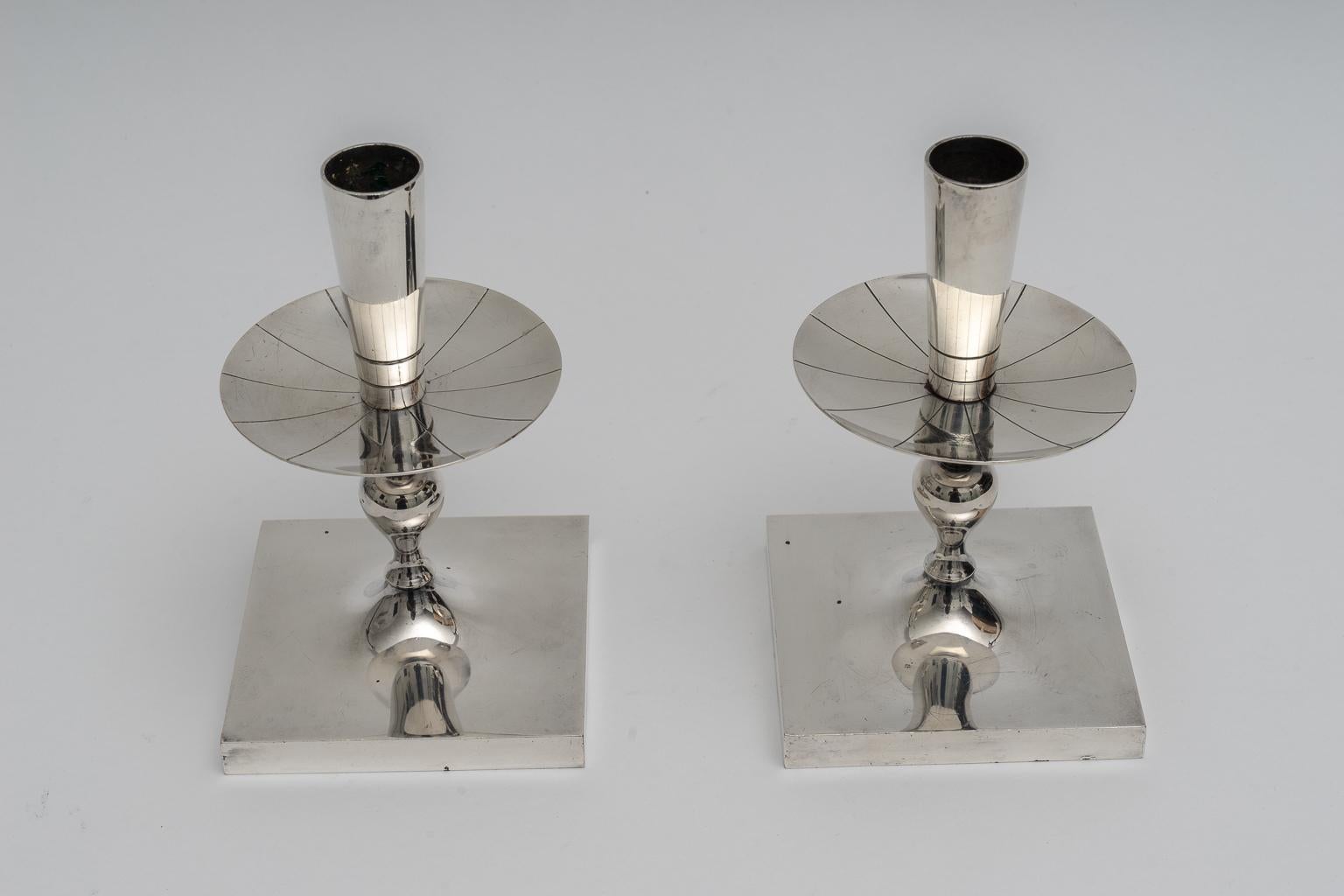 Mid-Century Modern Pair of Silver Plated Candlesticks