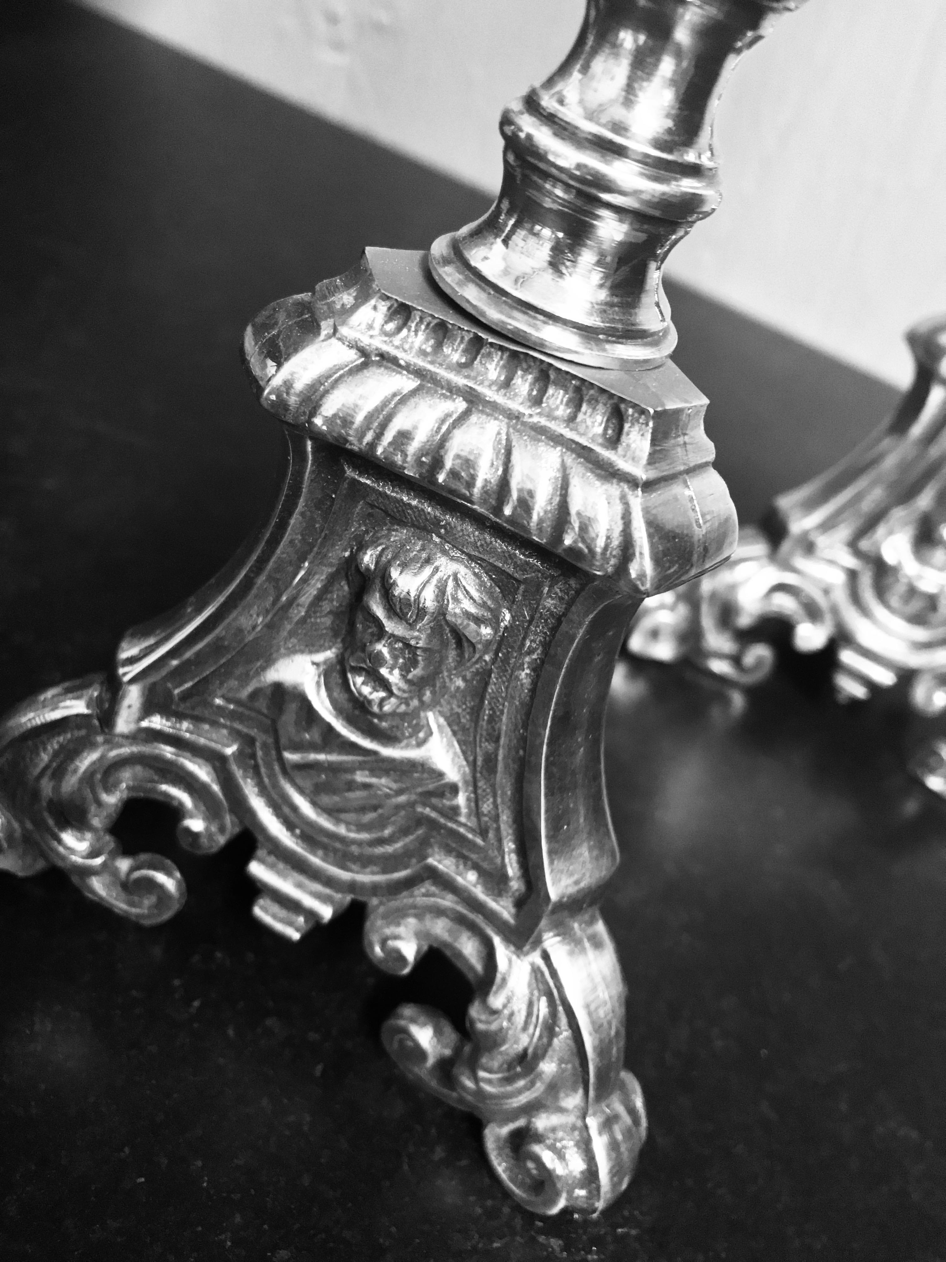 Bronze Pair of Silver Plated Candlesticks