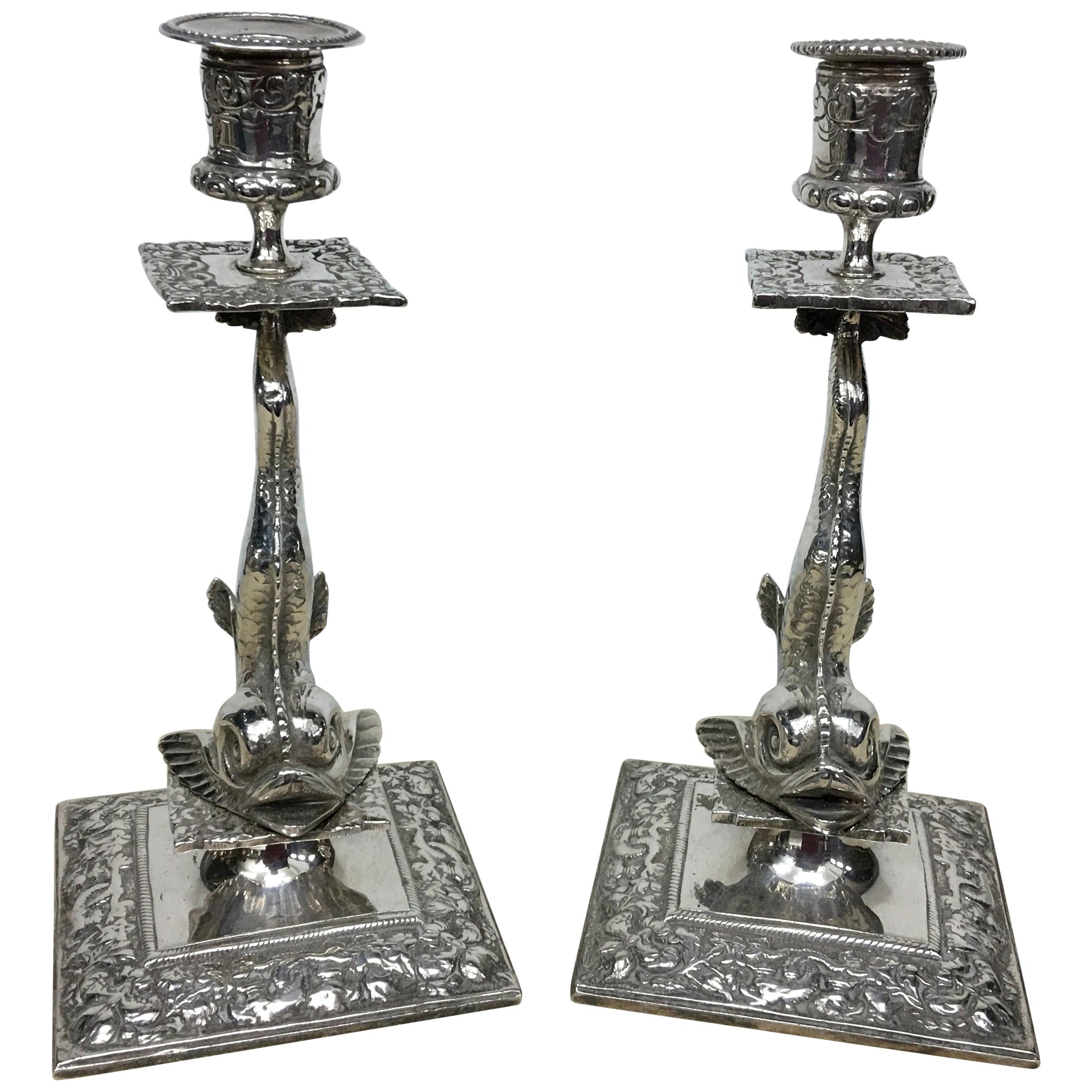 Pair of Silver Plated Cast Victorian Dolphin Candlesticks England, circa 1870