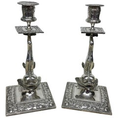 Antique Pair of Silver Plated Cast Victorian Dolphin Candlesticks England, circa 1870