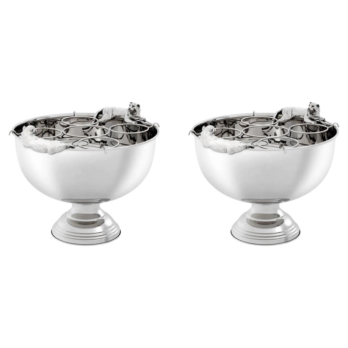 Pair of Silver-Plated Champagne Buckets with a Chic Design.