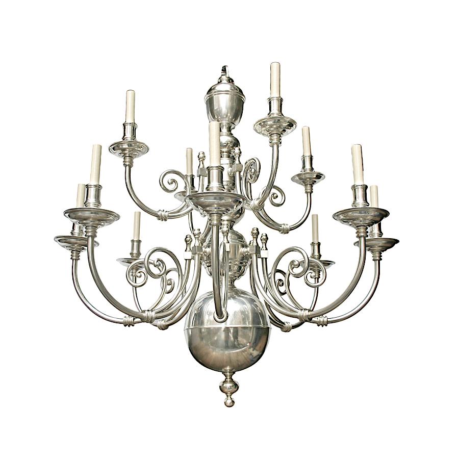Pair of 1920s English silver plated chandeliers with twelve lights each.
Measurements:
Min. Height:  42