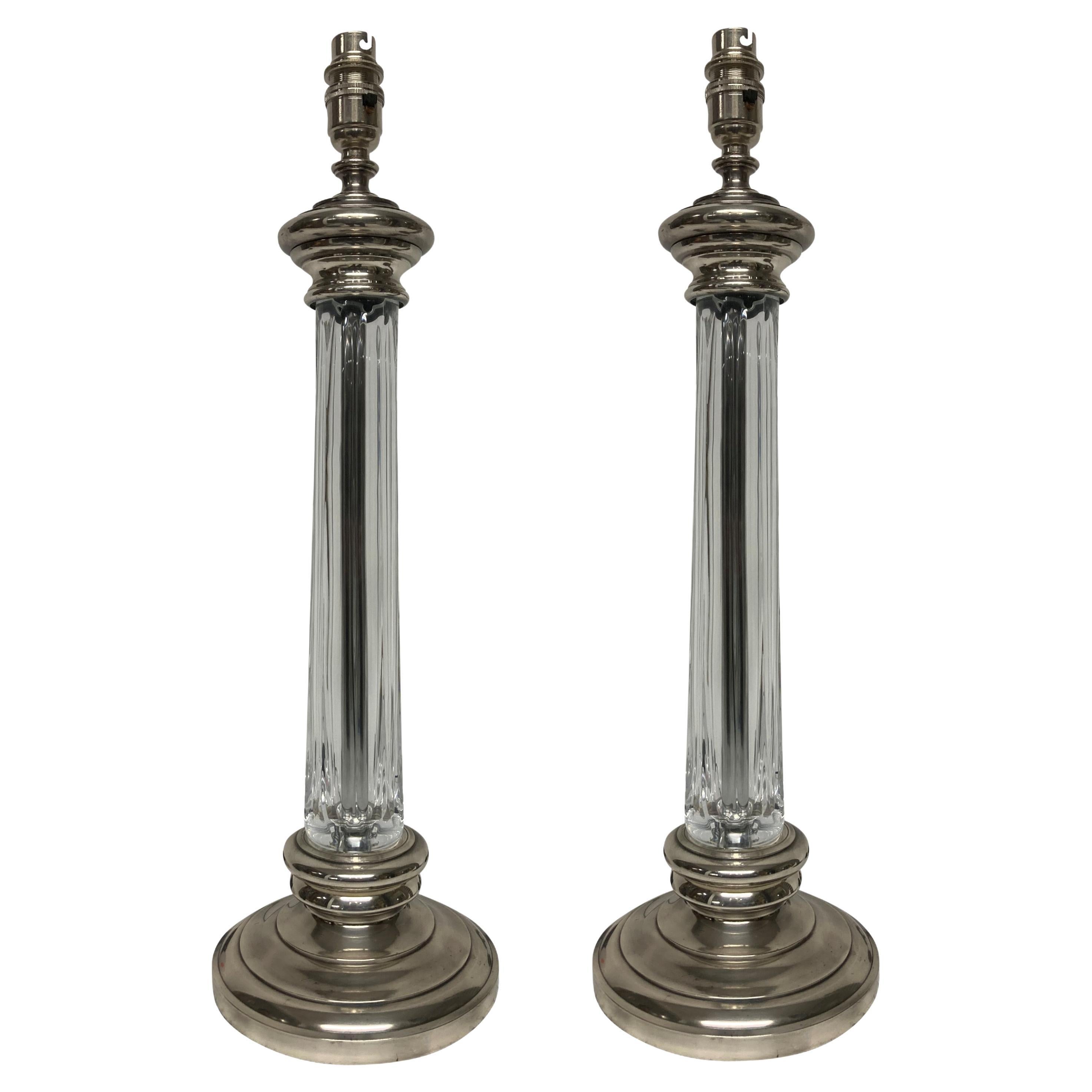 Pair Of Silver Plated & Cut Glass Column Lamps