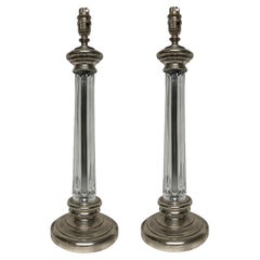 Vintage Pair Of Silver Plated & Cut Glass Column Lamps