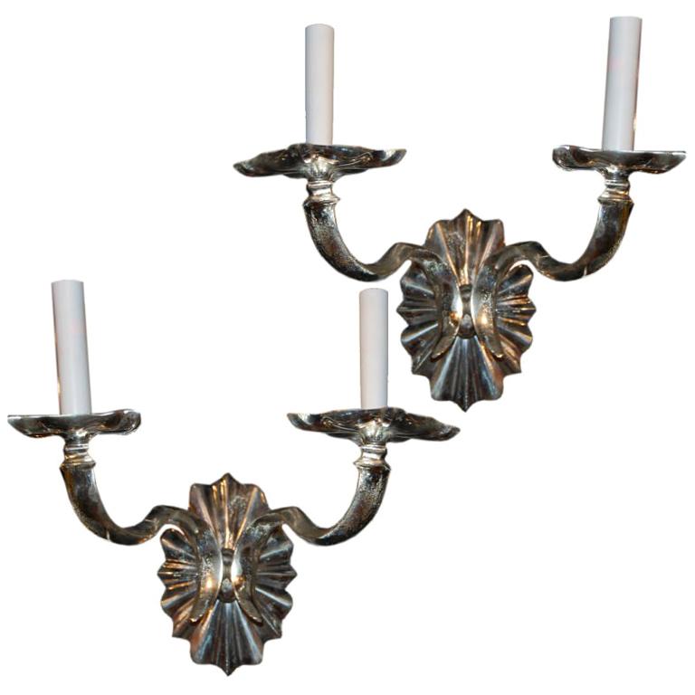 Pair of Silver Plated Double Light Sconces   ca 1920's For Sale