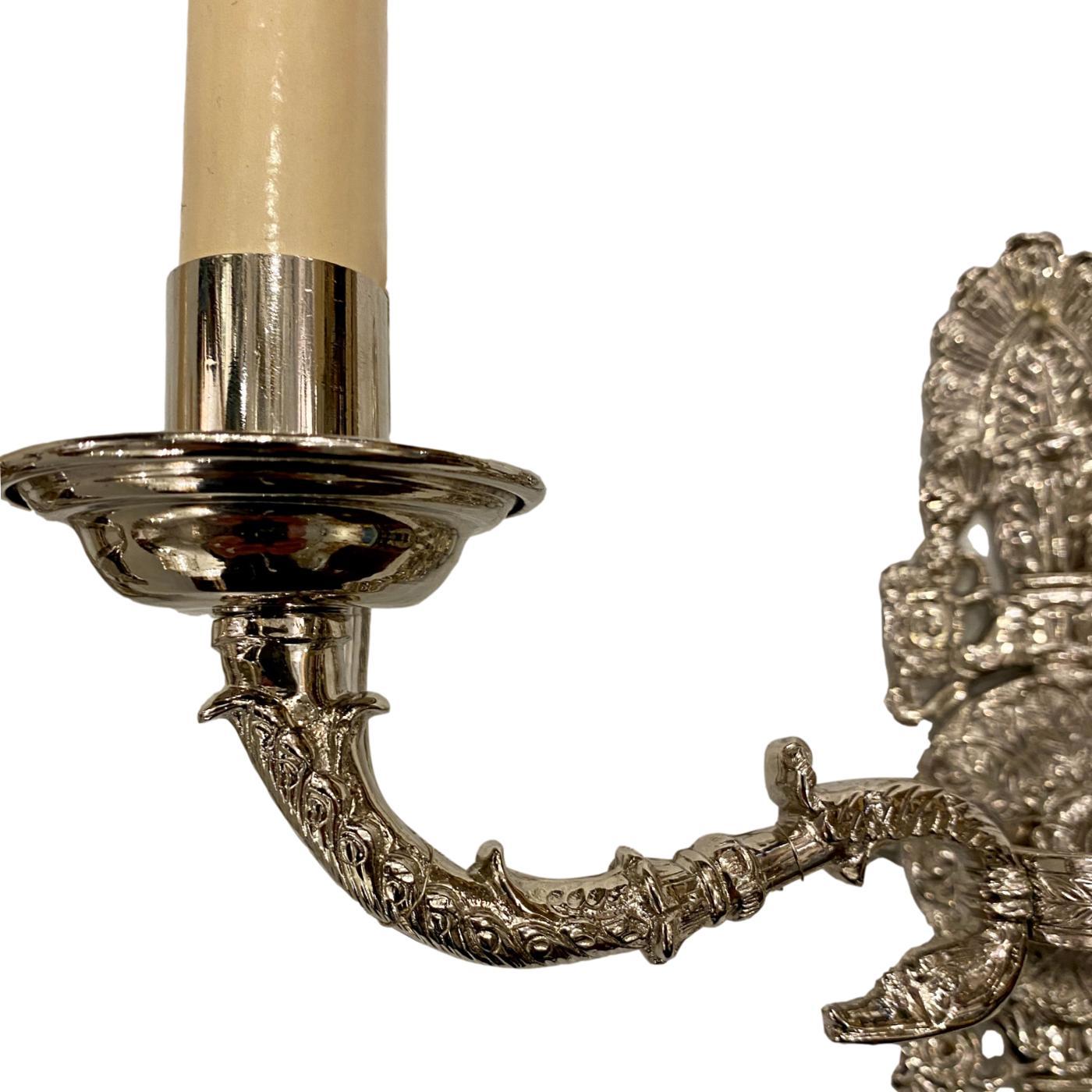 Silvered Pair of Silver Plated Empire Sconces For Sale