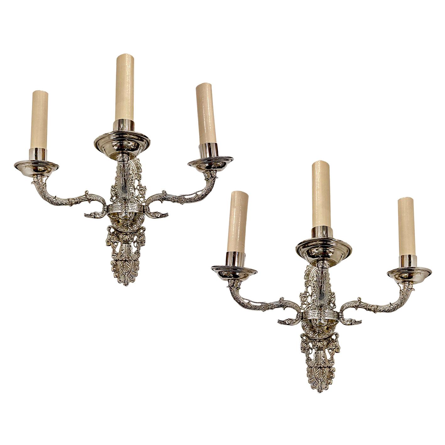 Pair of Silver Plated Empire Sconces For Sale