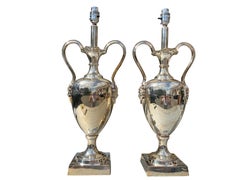 Pair of Silver Plated Grecian Urns with Mask Handles of Pan the Greek God