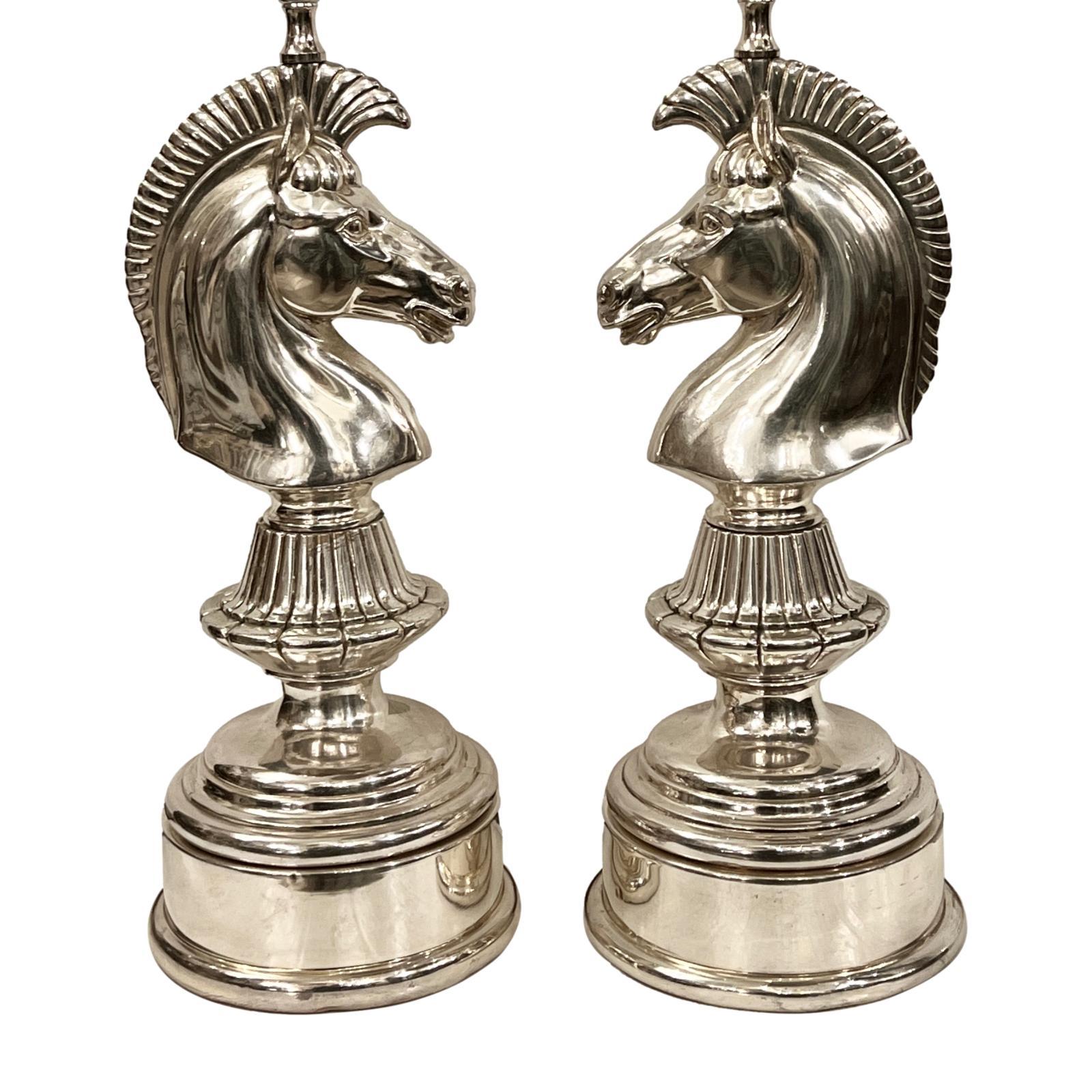 Silvered Pair of Silver Plated Horse Table Lamps For Sale