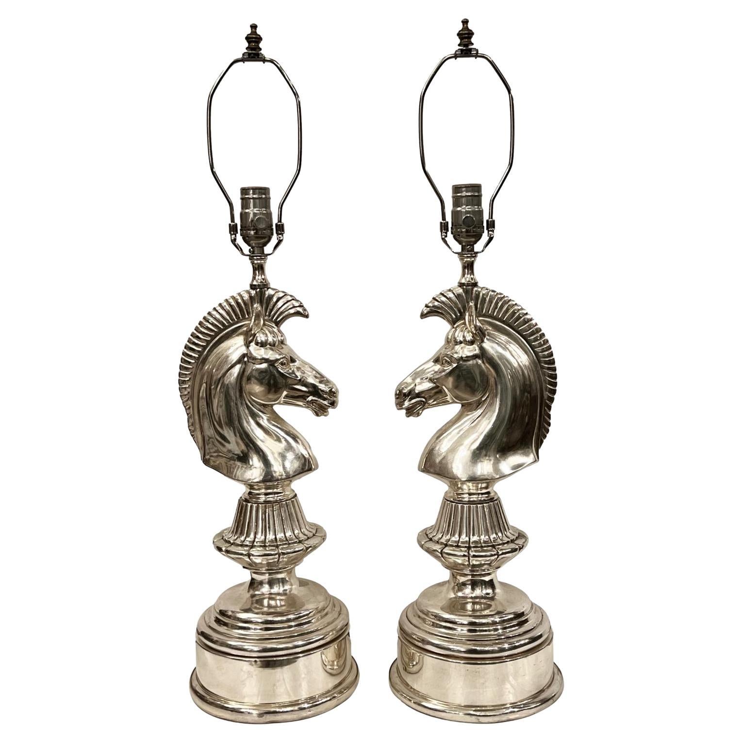 Pair of Silver Plated Horse Table Lamps For Sale
