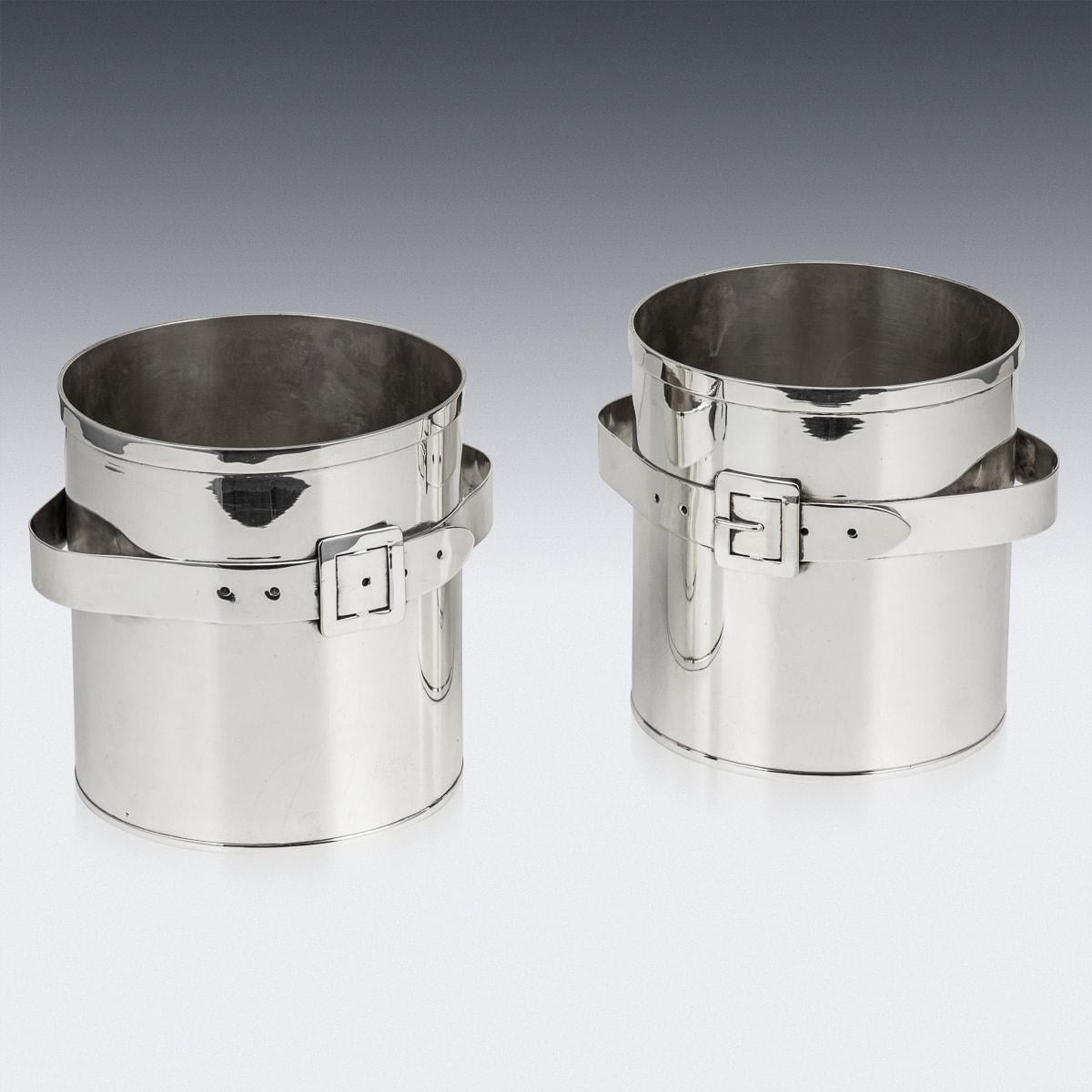 Mid-Century Modern Pair Of Silver Plated Ice Bucket With Brass Buckle Detail c.1960 For Sale
