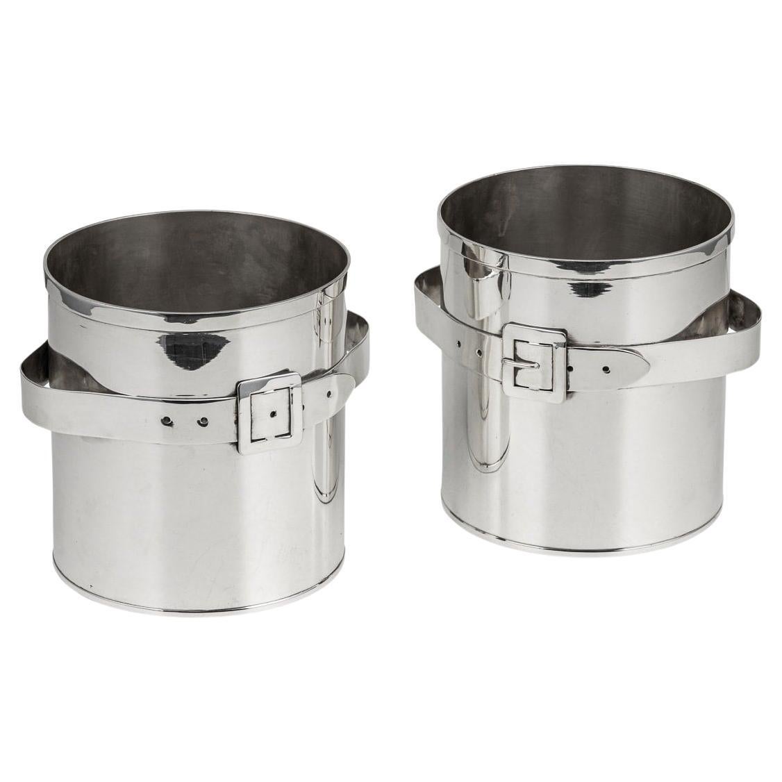 Pair Of Silver Plated Ice Bucket With Brass Buckle Detail c.1960