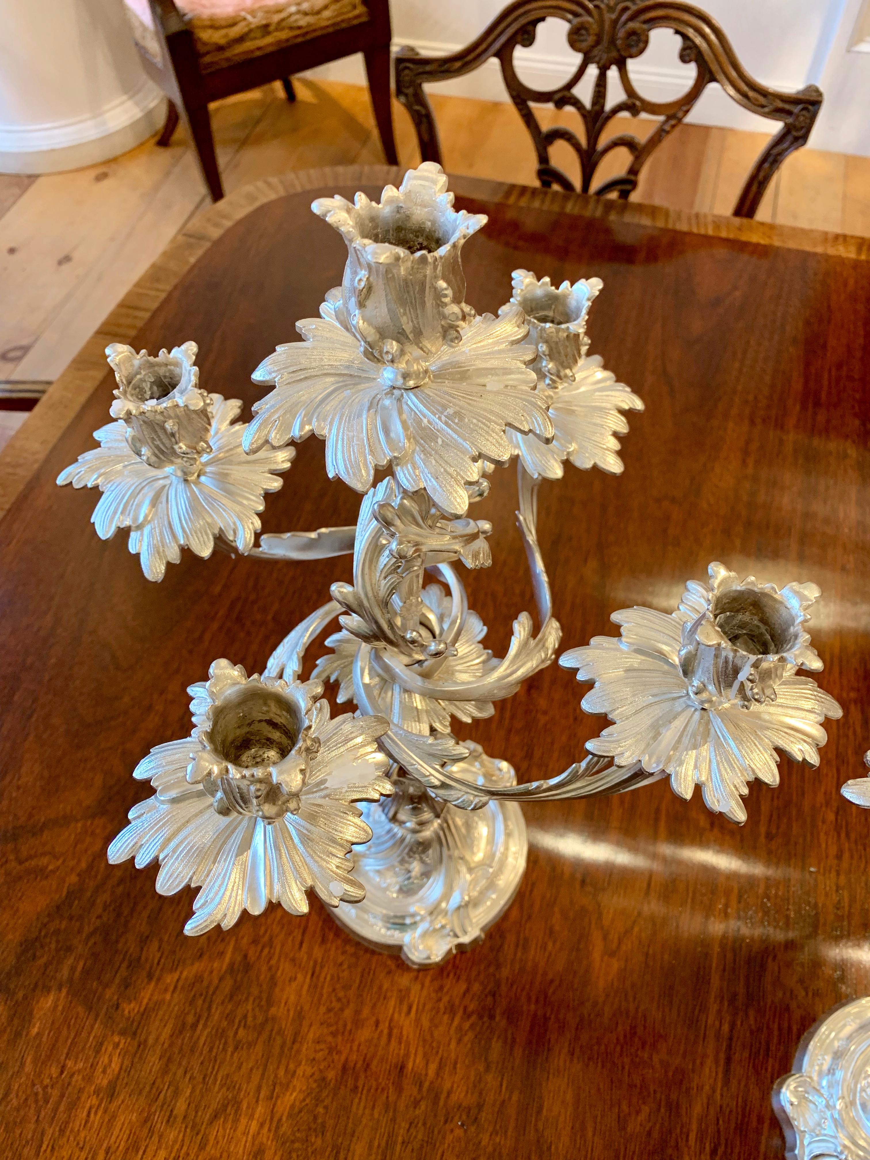 Silvered Pair of Silver Plated Louis XV Style Candelabra For Sale