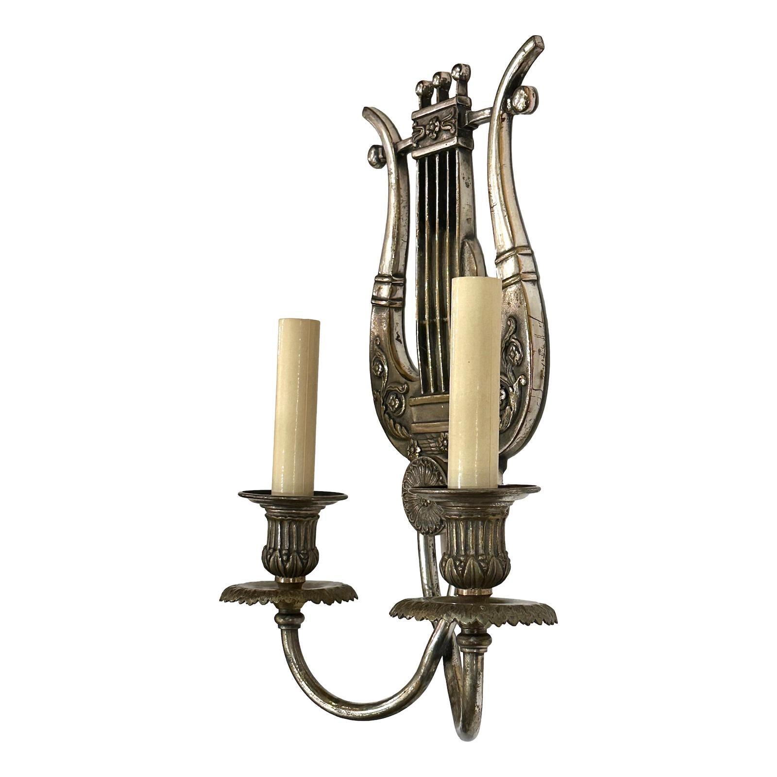 English Pair of Silver Plated Lyre Sconces For Sale