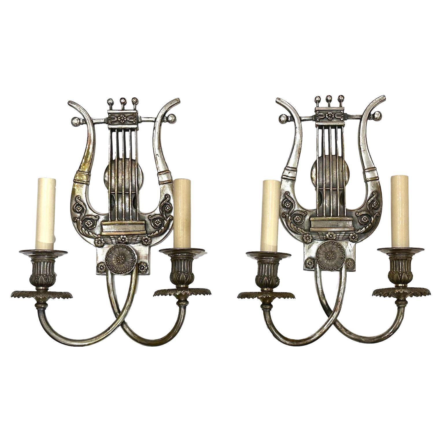 Pair of Silver Plated Lyre Sconces For Sale