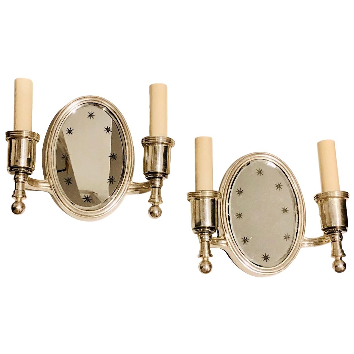Pair of Silver-Plated Mirror Sconces For Sale