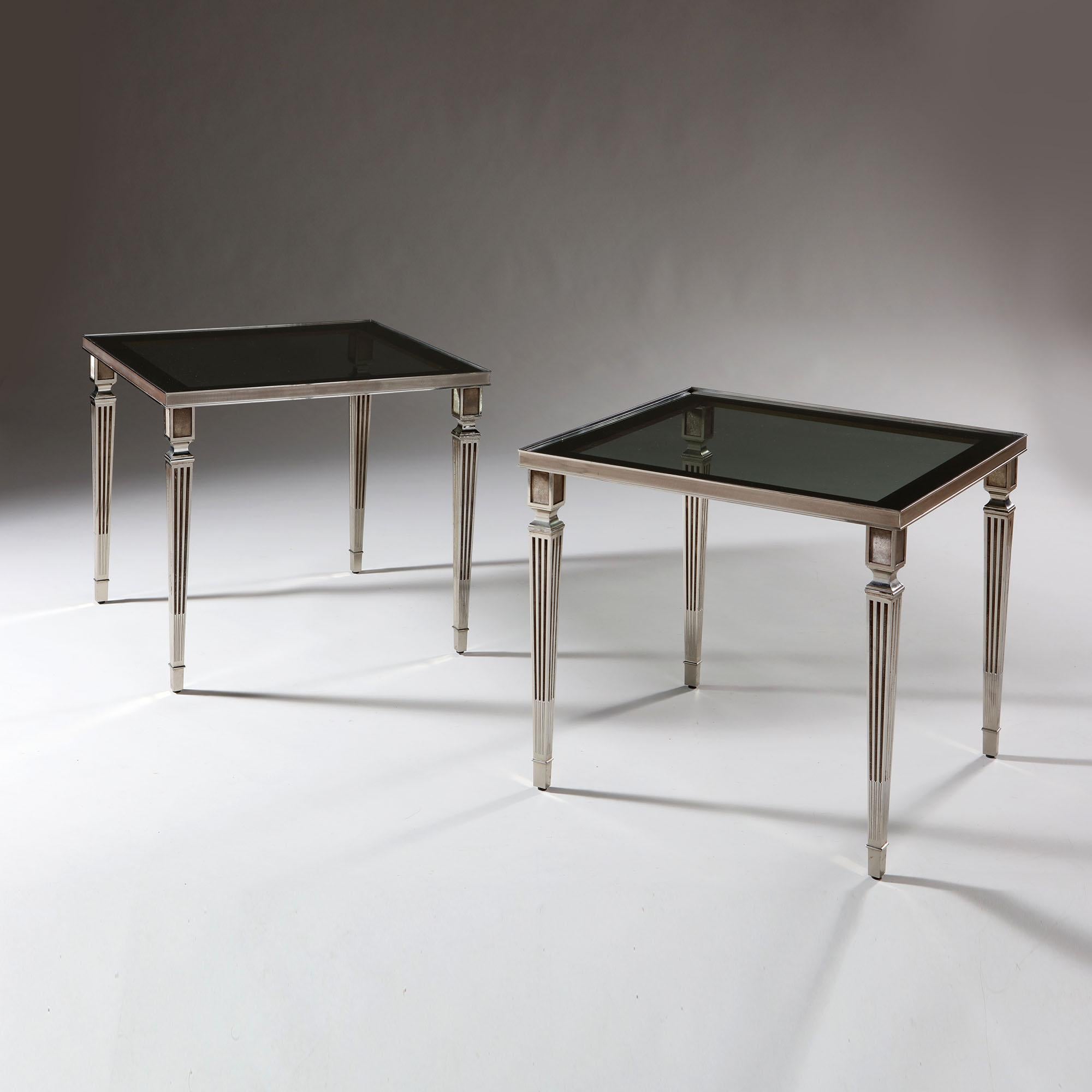 Neoclassical Pair of Silver Plated Occasional Tables with Original Glass Tops after Jansen For Sale