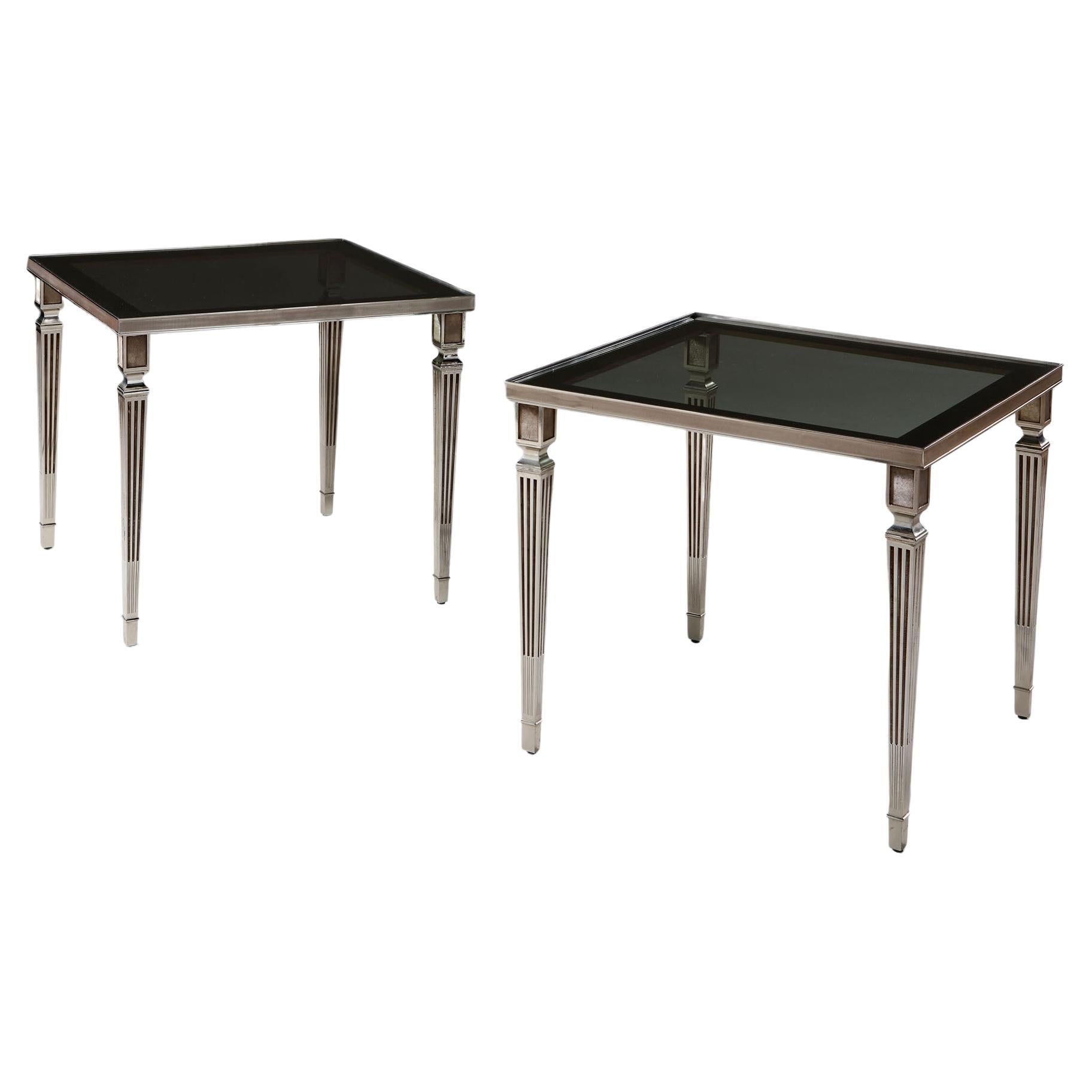 Pair of Silver Plated Occasional Tables with Original Glass Tops after Jansen For Sale