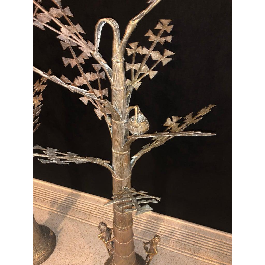 Silver Plated or Steel Metal Figural Sculptures of Men Climbing a Tree, a Pair  In Good Condition In Plainview, NY