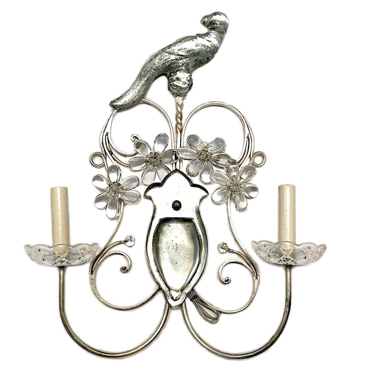 Pair of 1940s French silver plated sconces with molded glass birds and crystal flowers.

Measurements:
Height 21