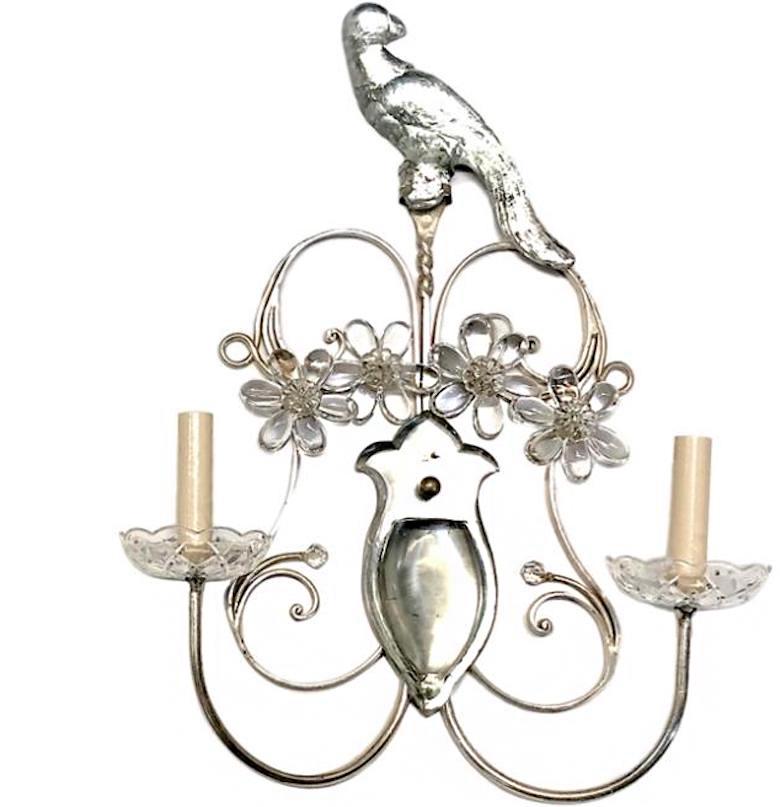 Silvered Pair of Silver Plated Parrot Sconces For Sale