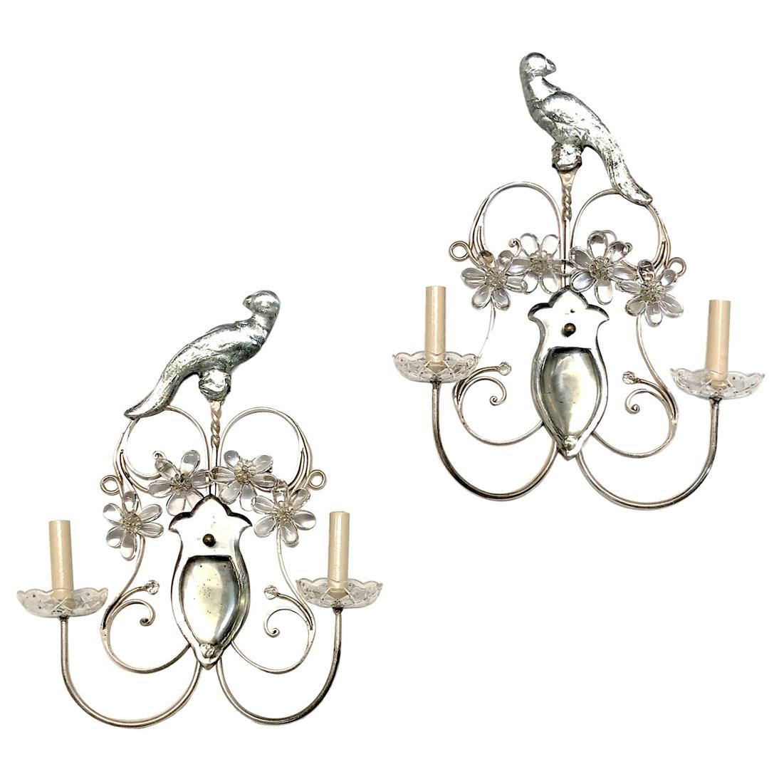 Pair of Silver Plated Parrot Sconces For Sale