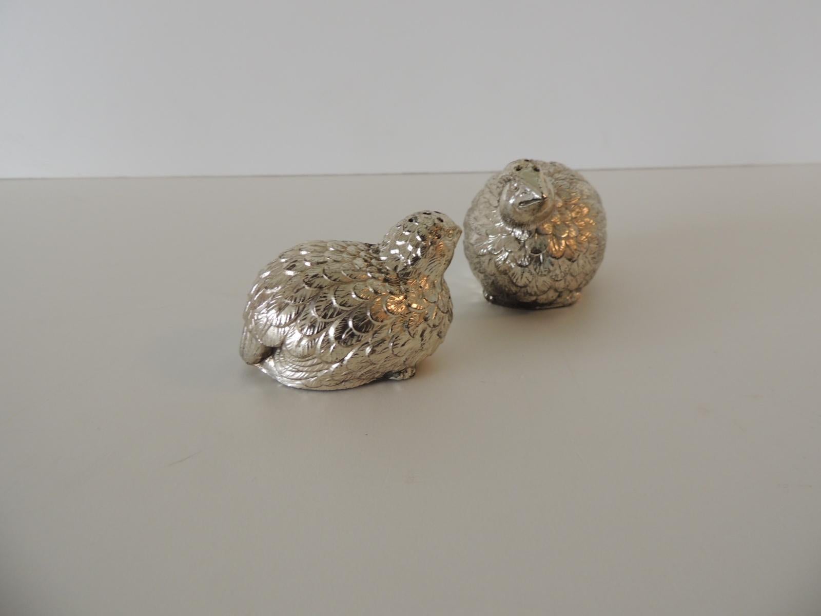 Bohemian Pair of Silver Plated Quails Salt and Pepper Metal Shakers