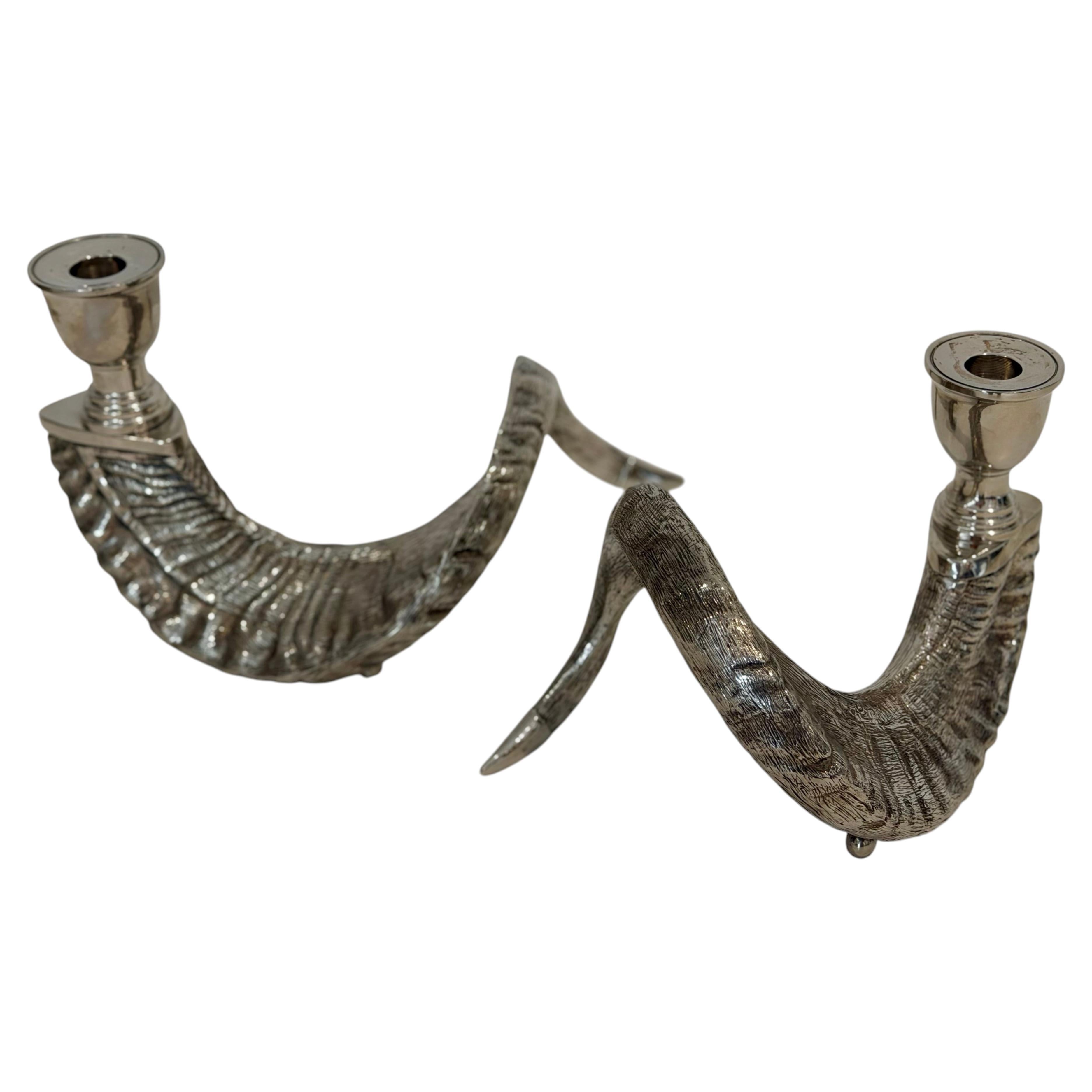 Pair of Silver-Plated Ram's Horn Form Candlesticks, Italy, 1970s