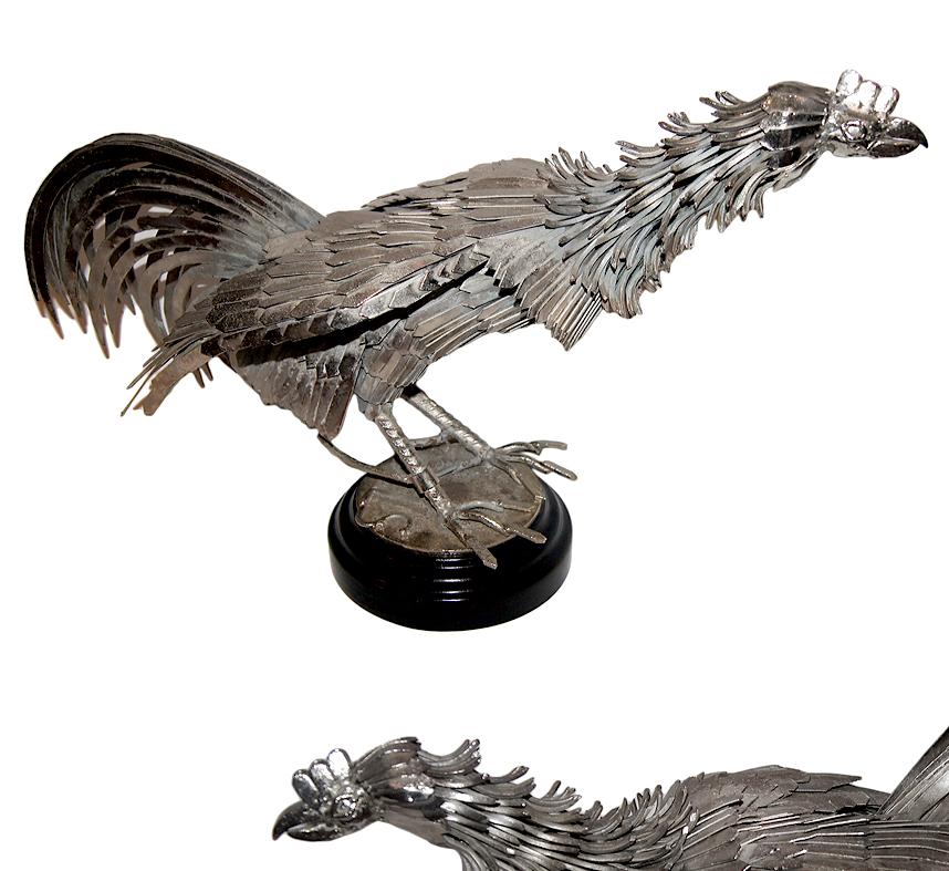 Mid-20th Century Pair of Silver Plated Rooster Sculptures For Sale