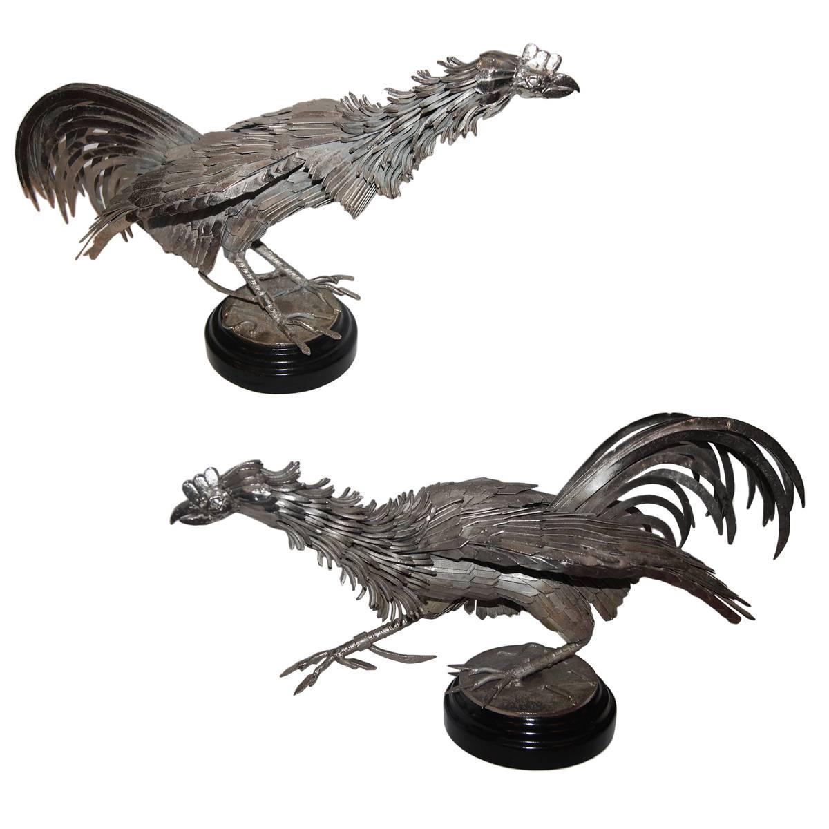 Pair of Silver Plated Rooster Sculptures For Sale