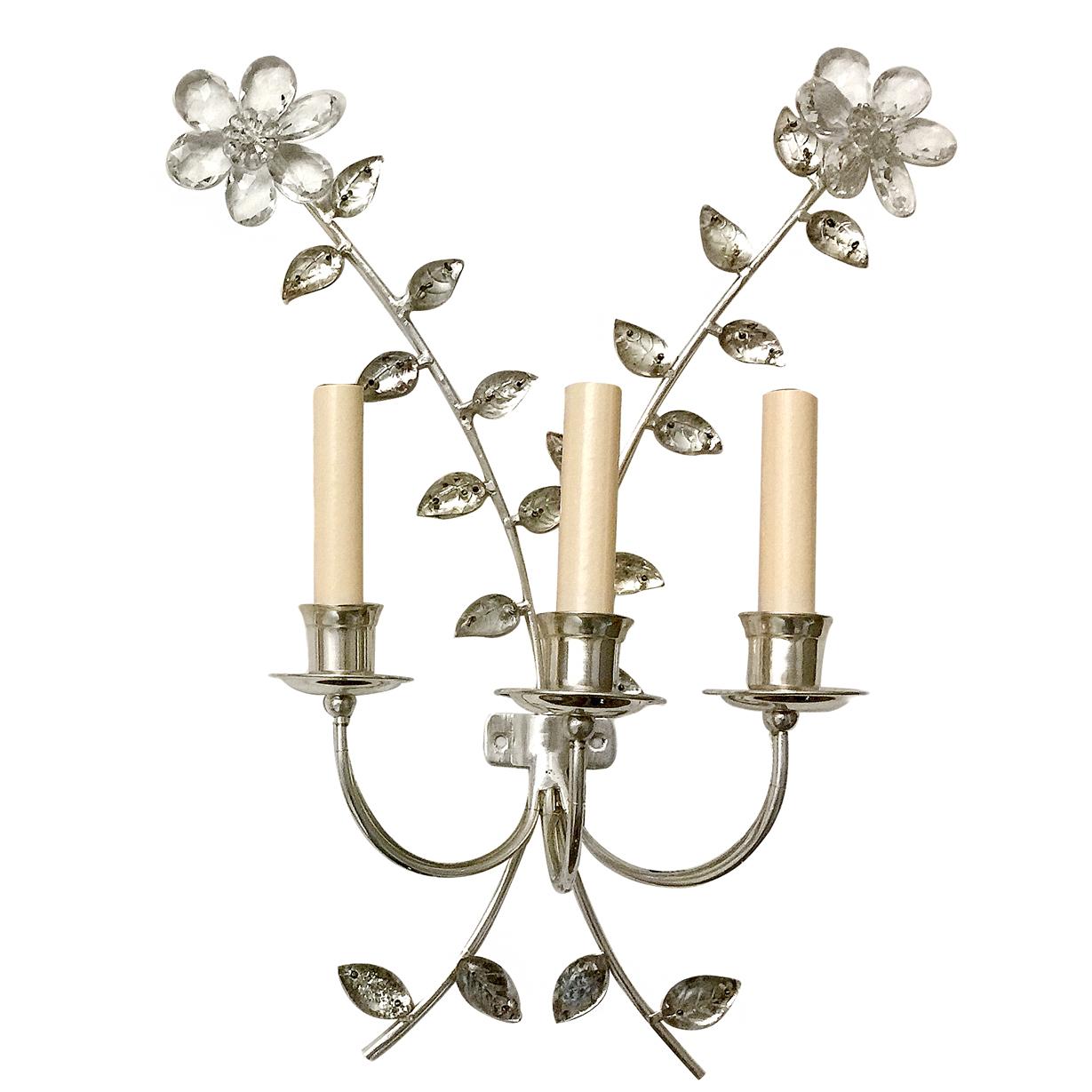 Pair of circa 1940s French silver plated three-light sconces with molded glass leaves and crystal flowers.

Measurements:
Height 20