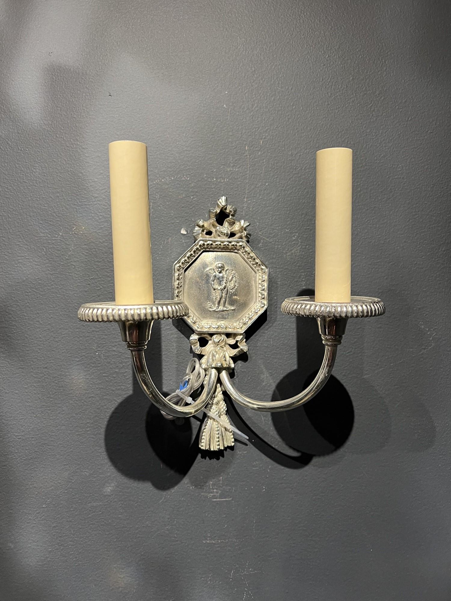 American Classical Pair of Silver Plated Sconces with Cherubs, Circa 1920s