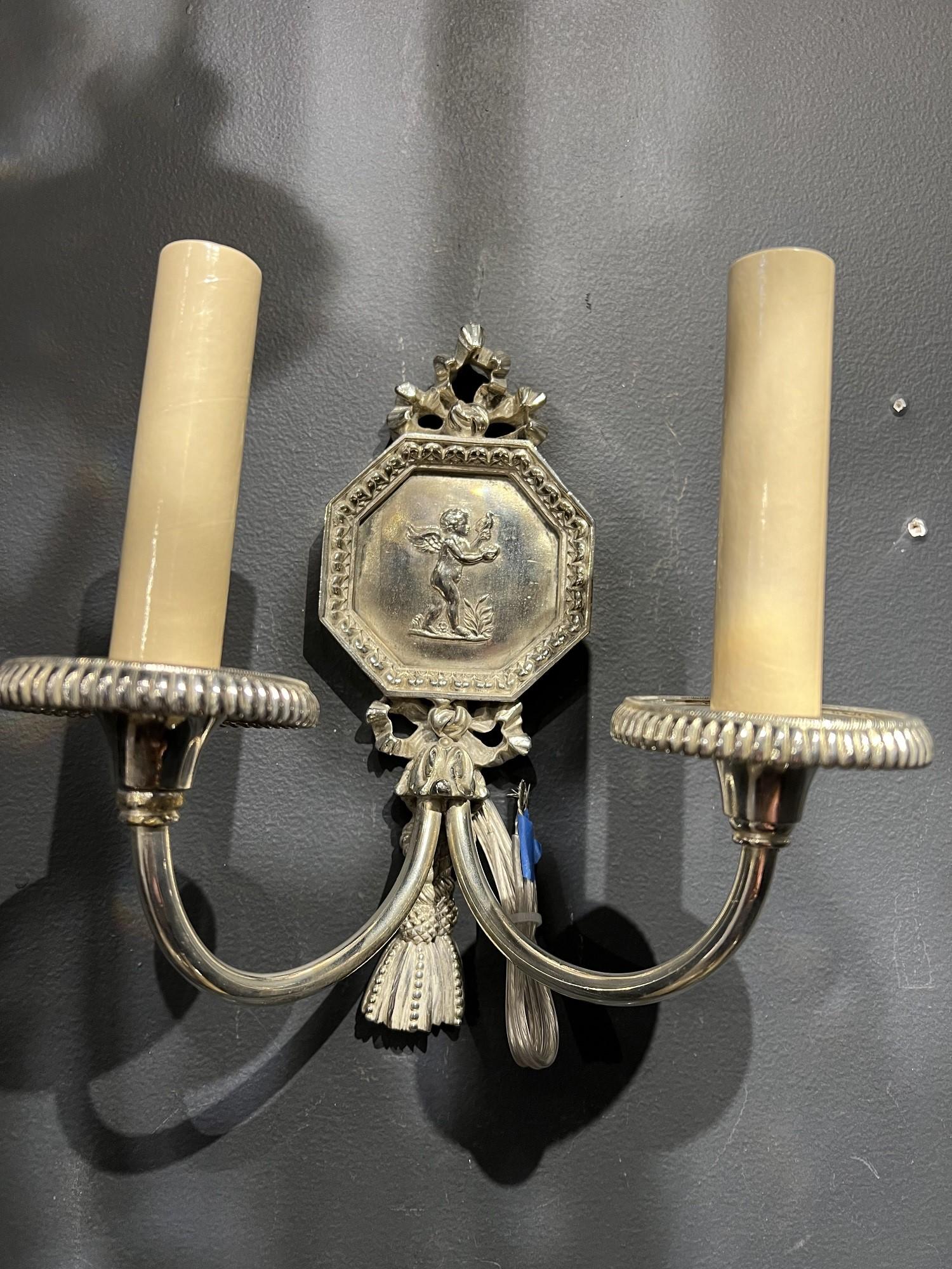 Pair of Silver Plated Sconces with Cherubs, Circa 1920s In Good Condition In New York, NY