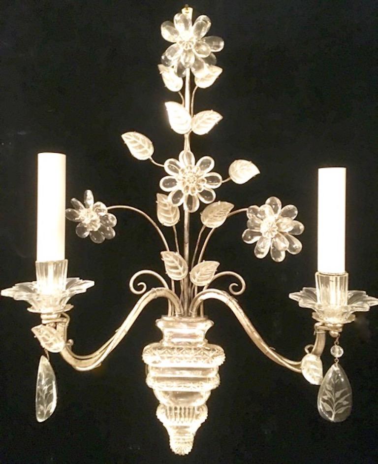 French Pair of Silver Plated Sconces with Flowers For Sale