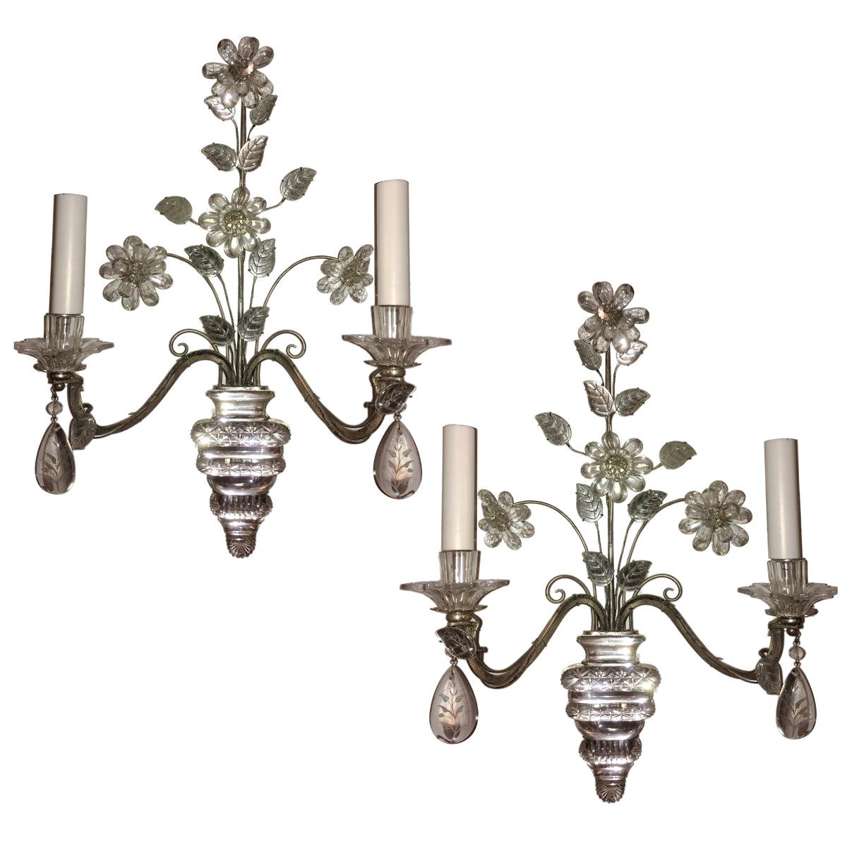 Pair of Silver Plated Sconces with Flowers