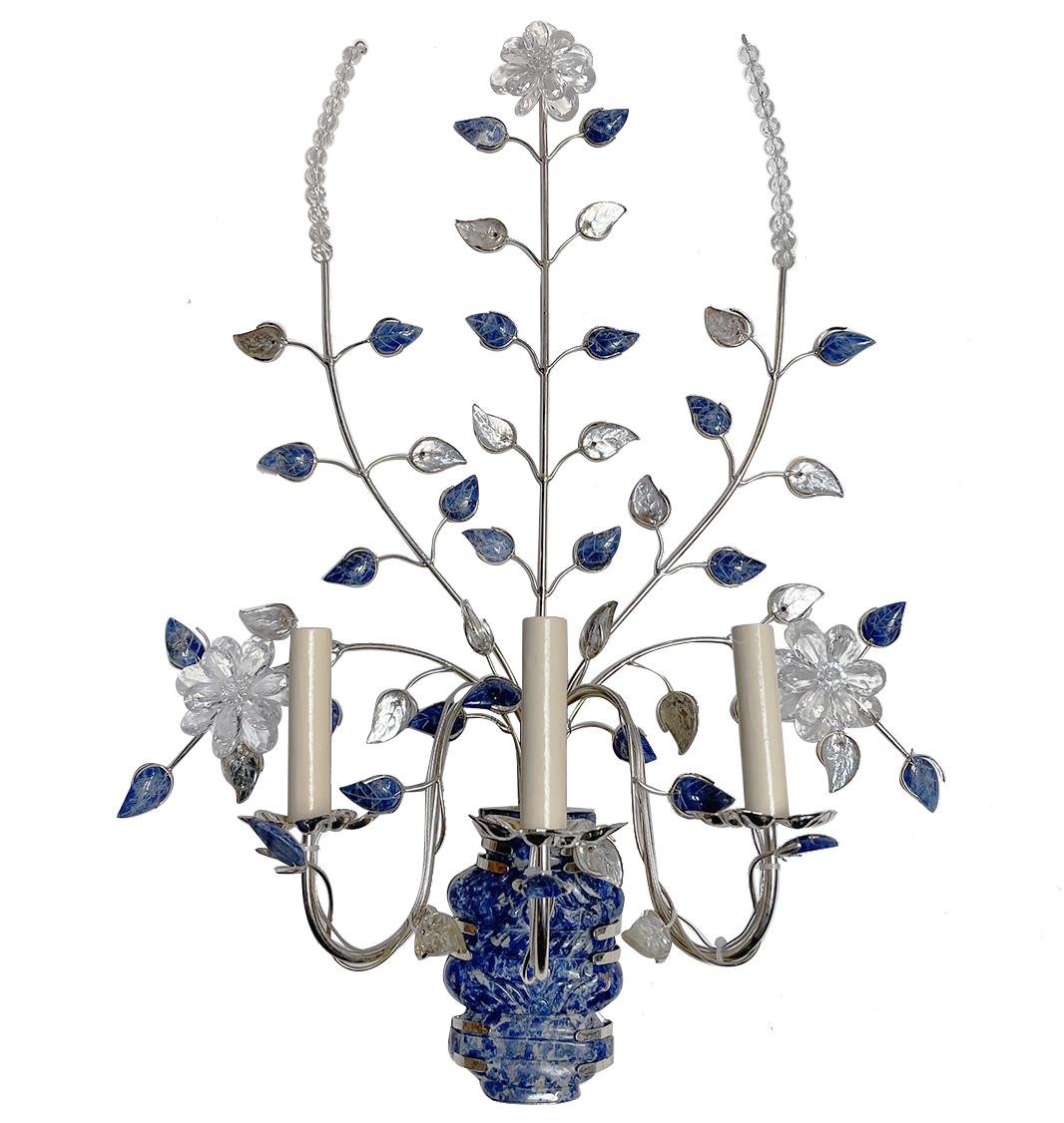 A pair of French circa late 1960's three-arm silver-plated sconces with lapis lazuli stone body molded glass leaves and crystal flowers.

Measurements:
Height: 28