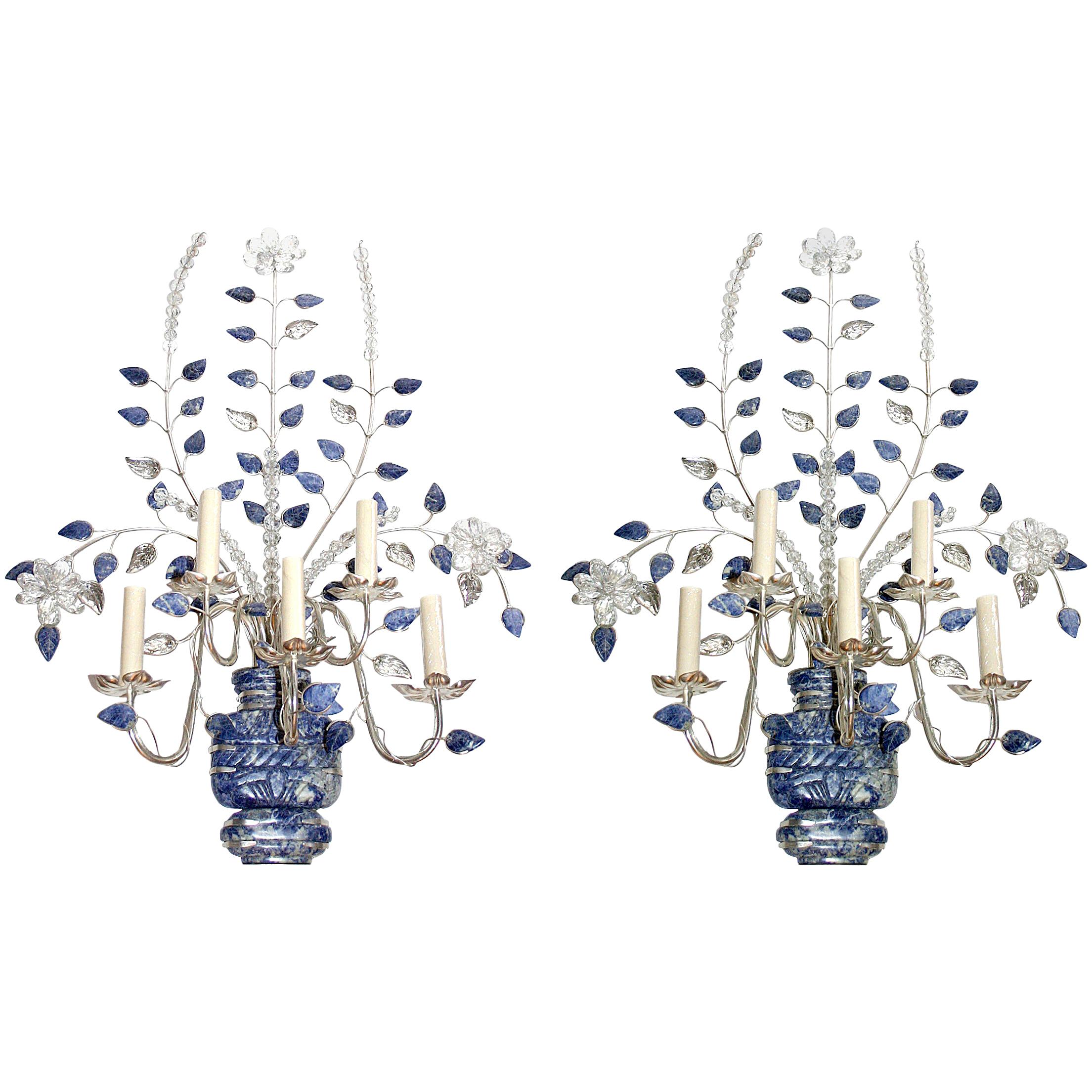 Pair of Silver Plated Sconces with Lapis Lazuli For Sale