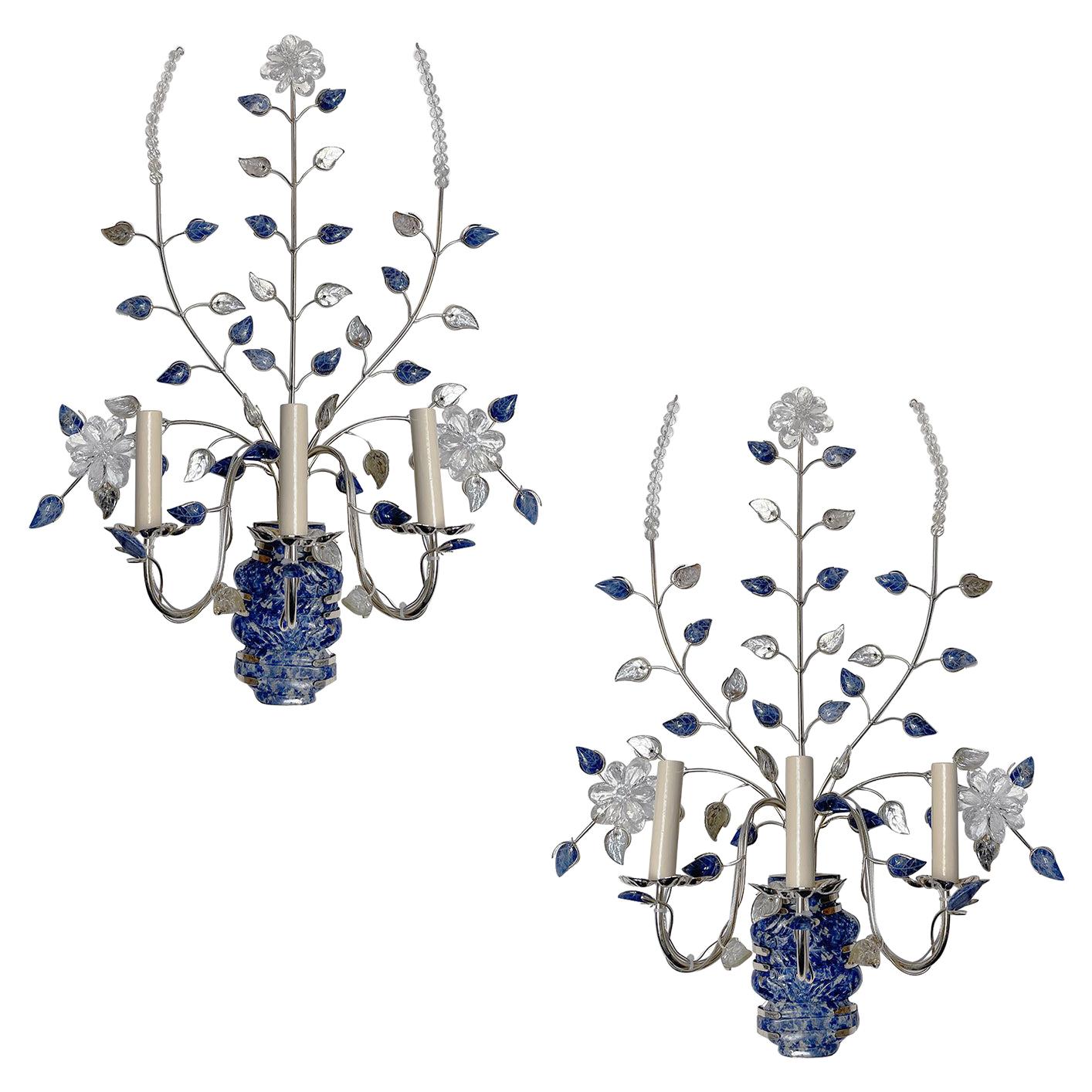Pair of Silver Plated Sconces with Lapis Lazuli For Sale