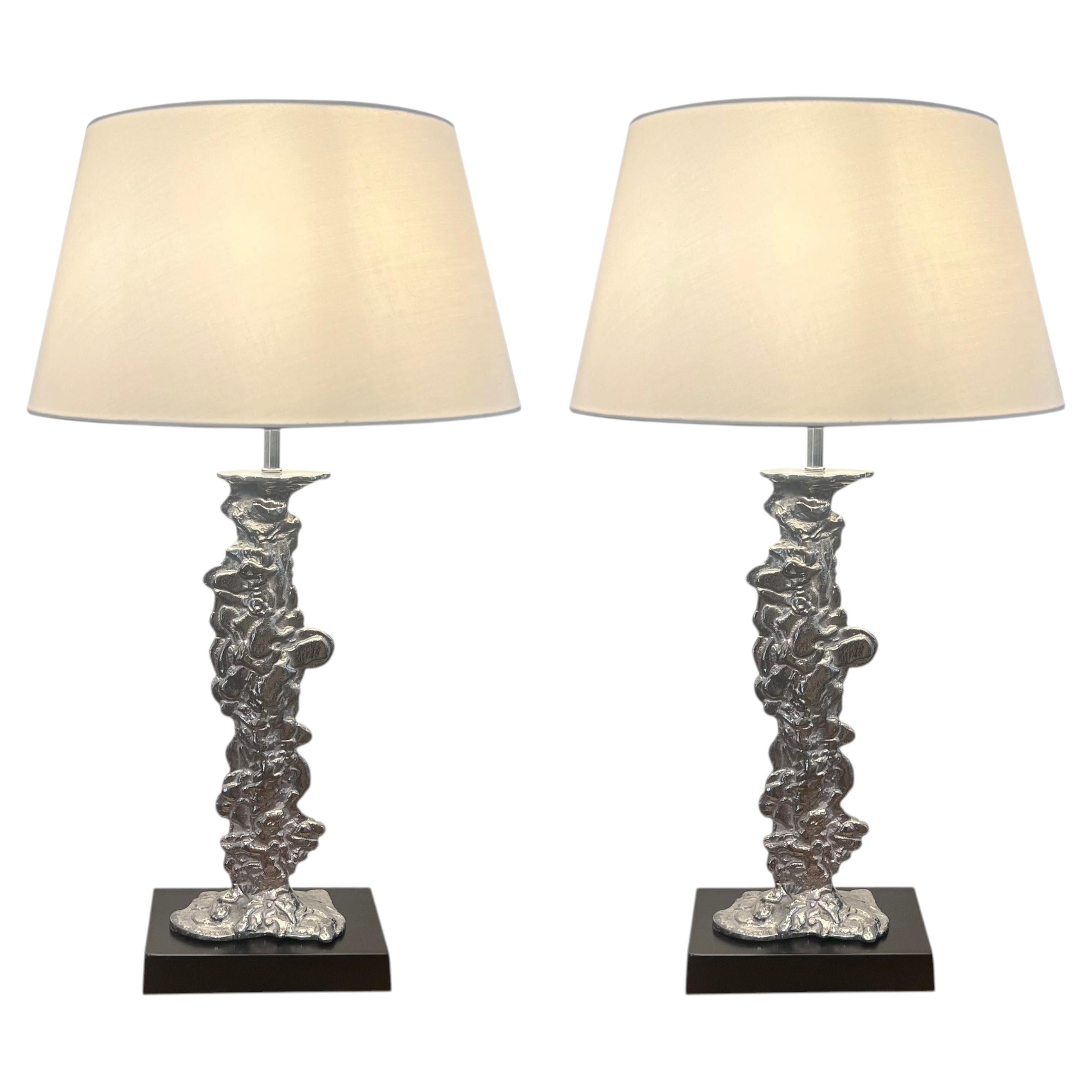Pair of Silver-Plated Sculptural Table Lamps, Circa 1950s For Sale
