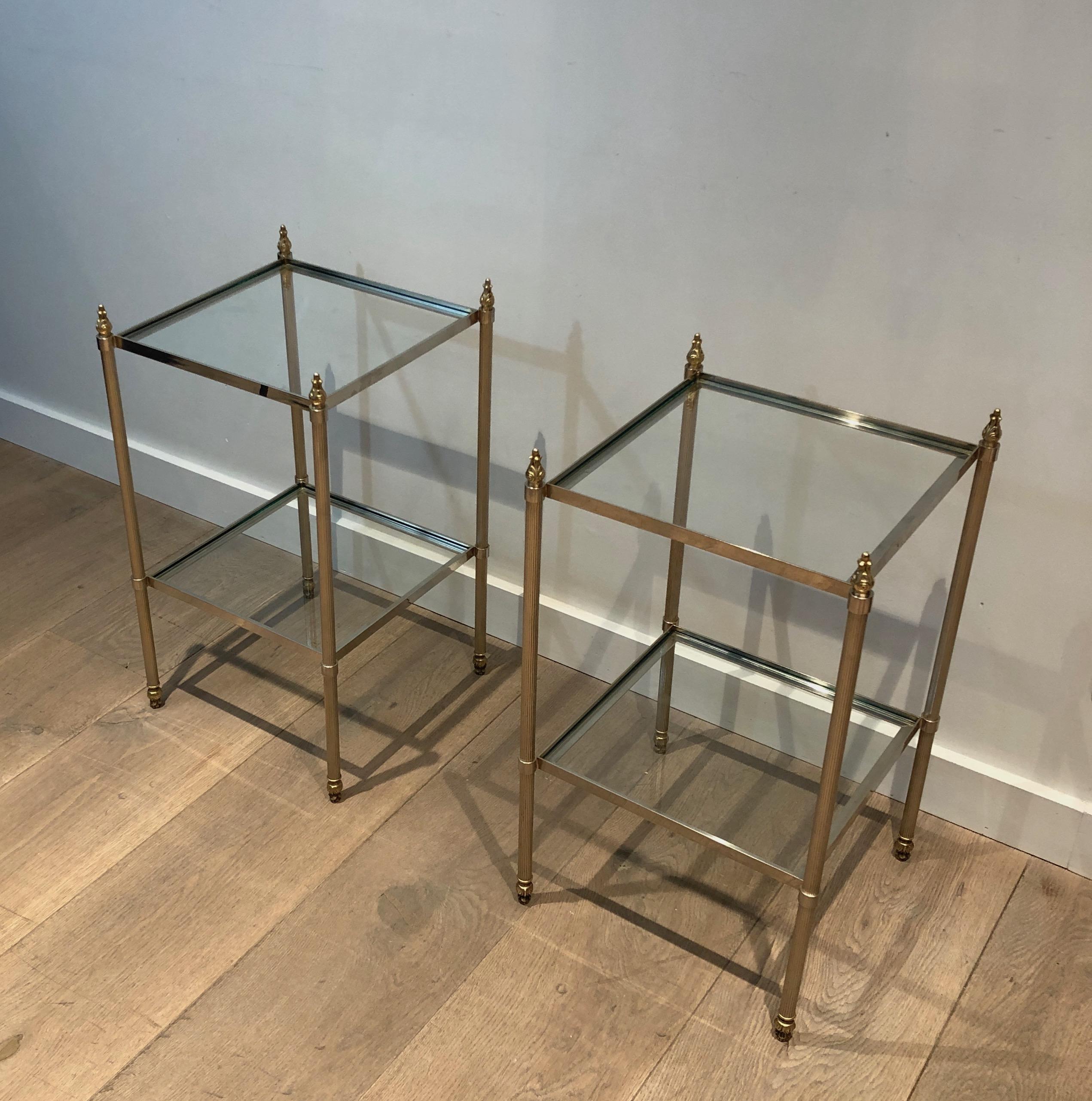 Pair of Silver Plated Side Tables with 2 Tiers and Fluted Legs, French Work Attr 5