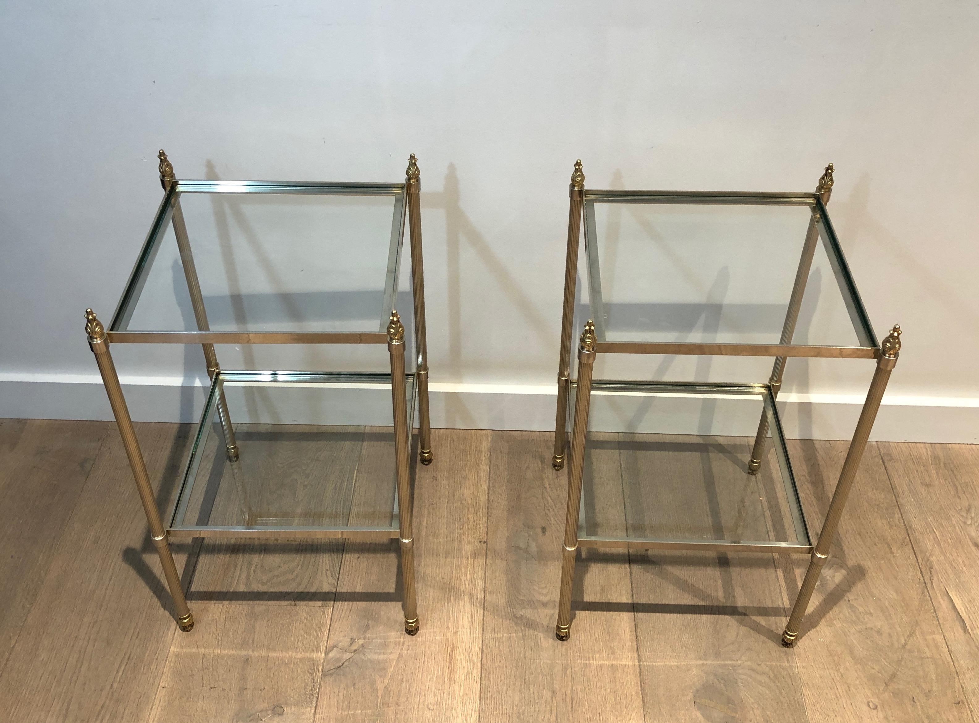 Pair of Silver Plated Side Tables with 2 Tiers and Fluted Legs, French Work Attr 9