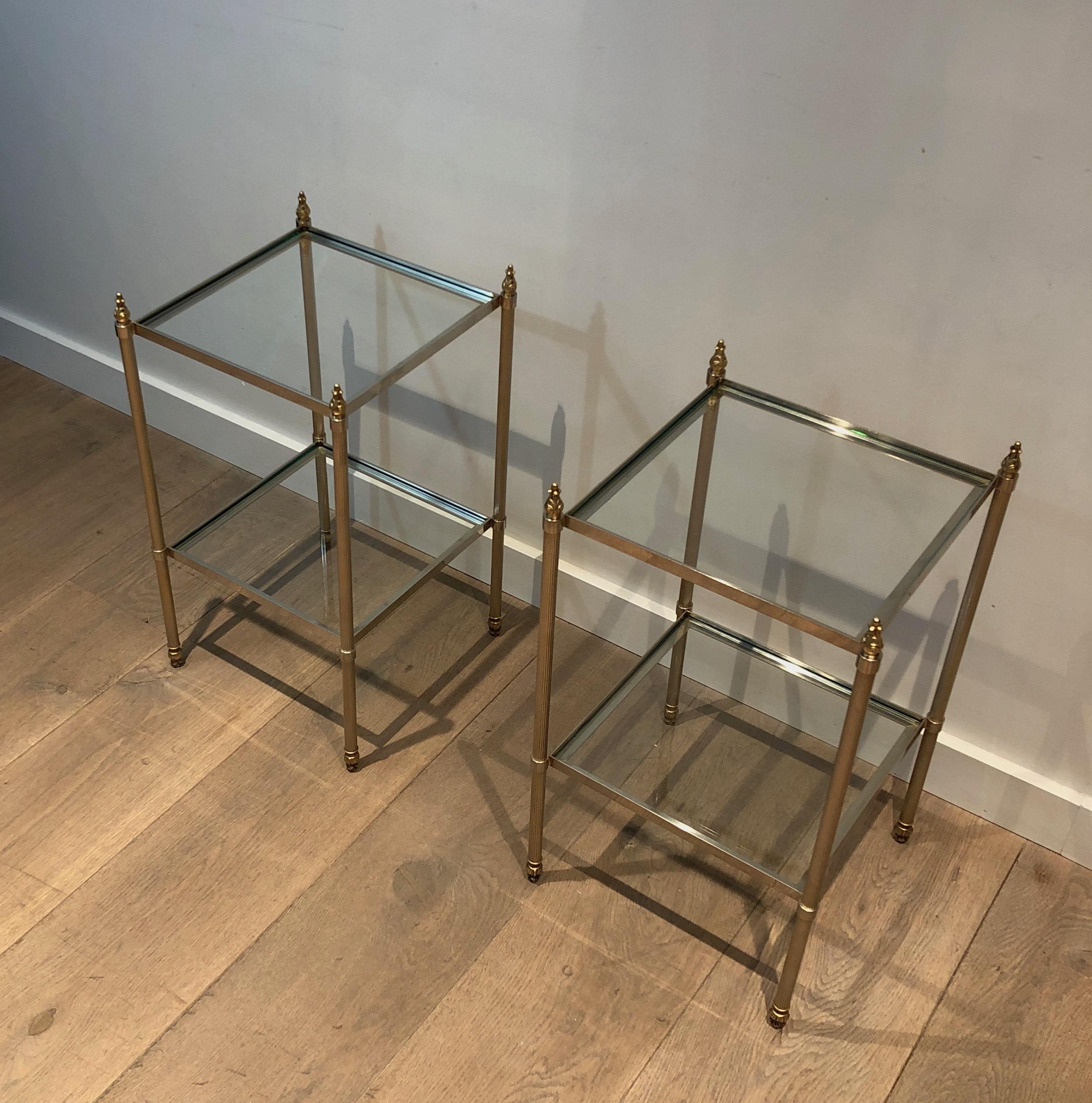 Pair of Silver Plated Side Tables with 2 Tiers and Fluted Legs, French Work Attr 10