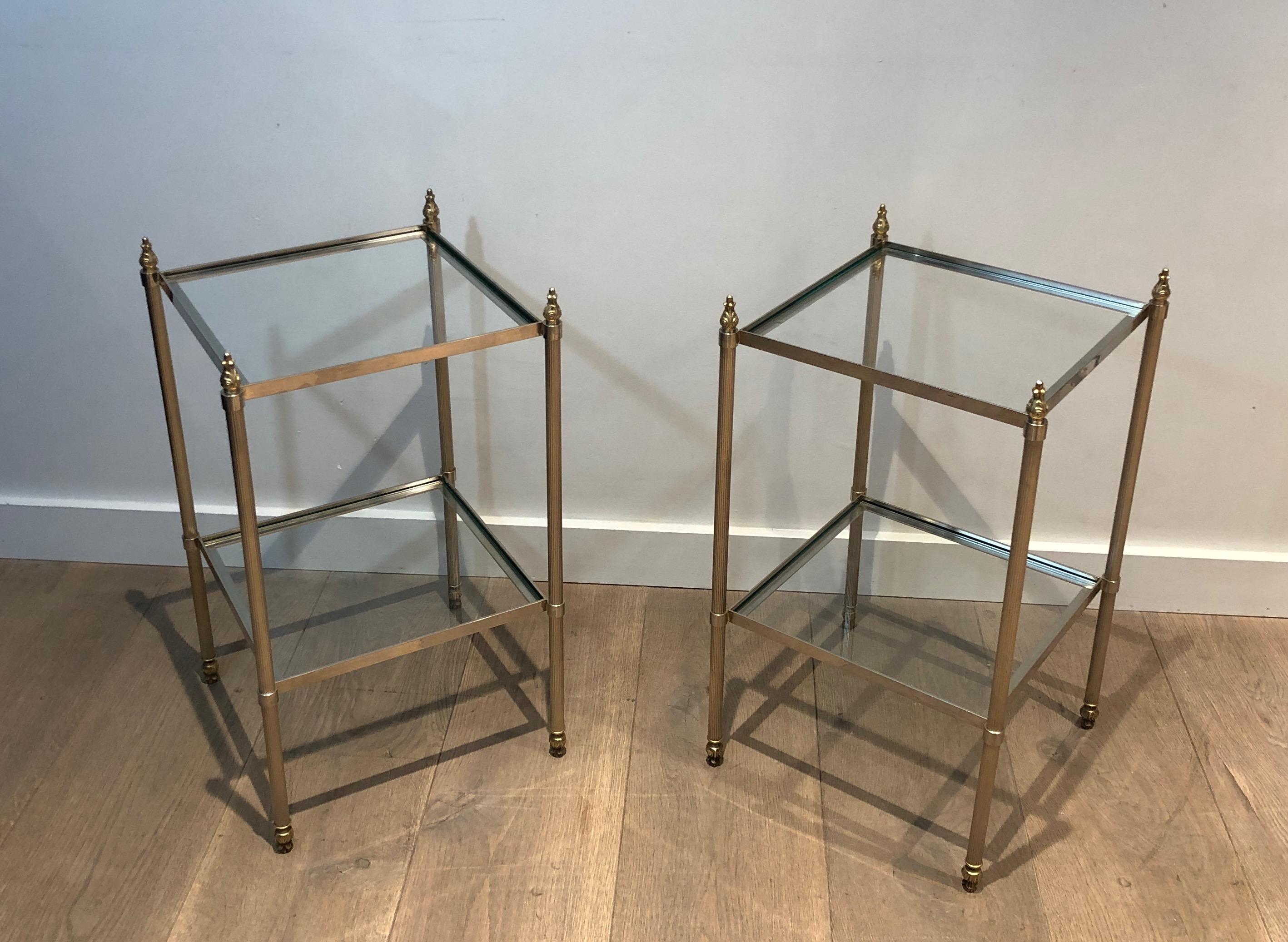 Pair of Silver Plated Side Tables with 2 Tiers and Fluted Legs, French Work Attr 11