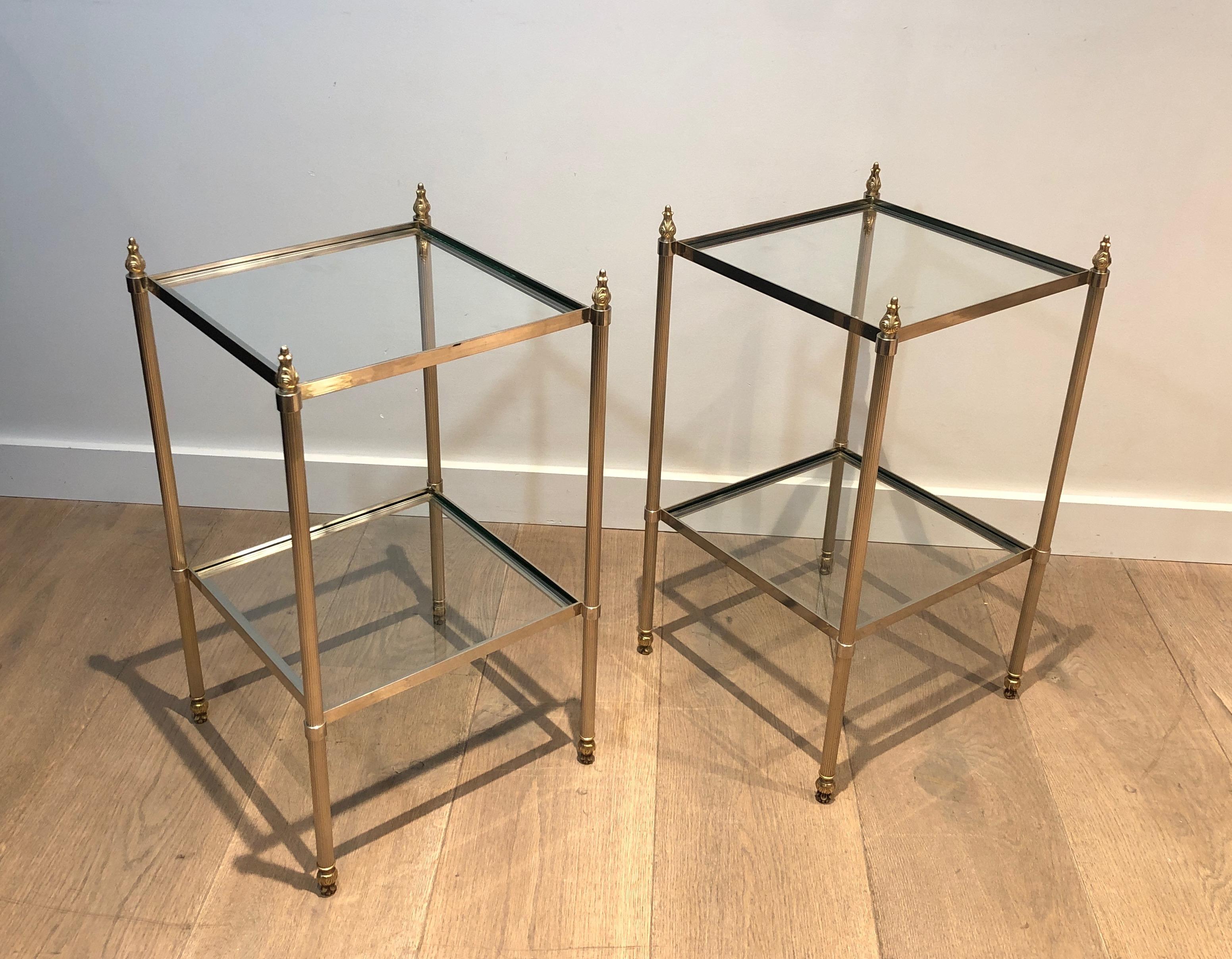 Pair of Silver Plated Side Tables with 2 Tiers and Fluted Legs, French Work Attr 12