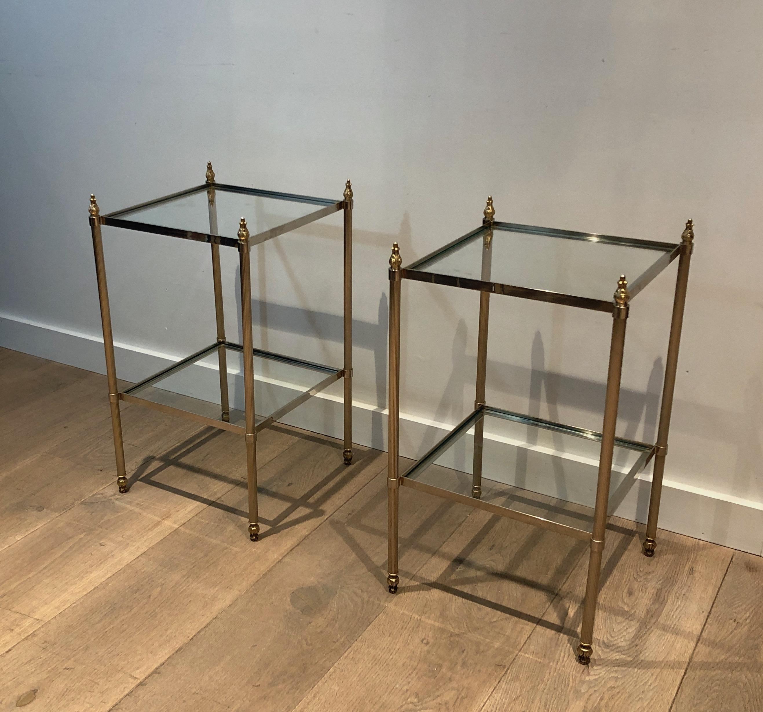 Pair of Silver Plated Side Tables with 2 Tiers and Fluted Legs, French Work Attr 13